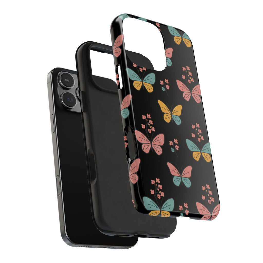 Butterfly Pattern Tough Phone Case — Pastel Butterflies on Black, Protective Floral Phone Cover