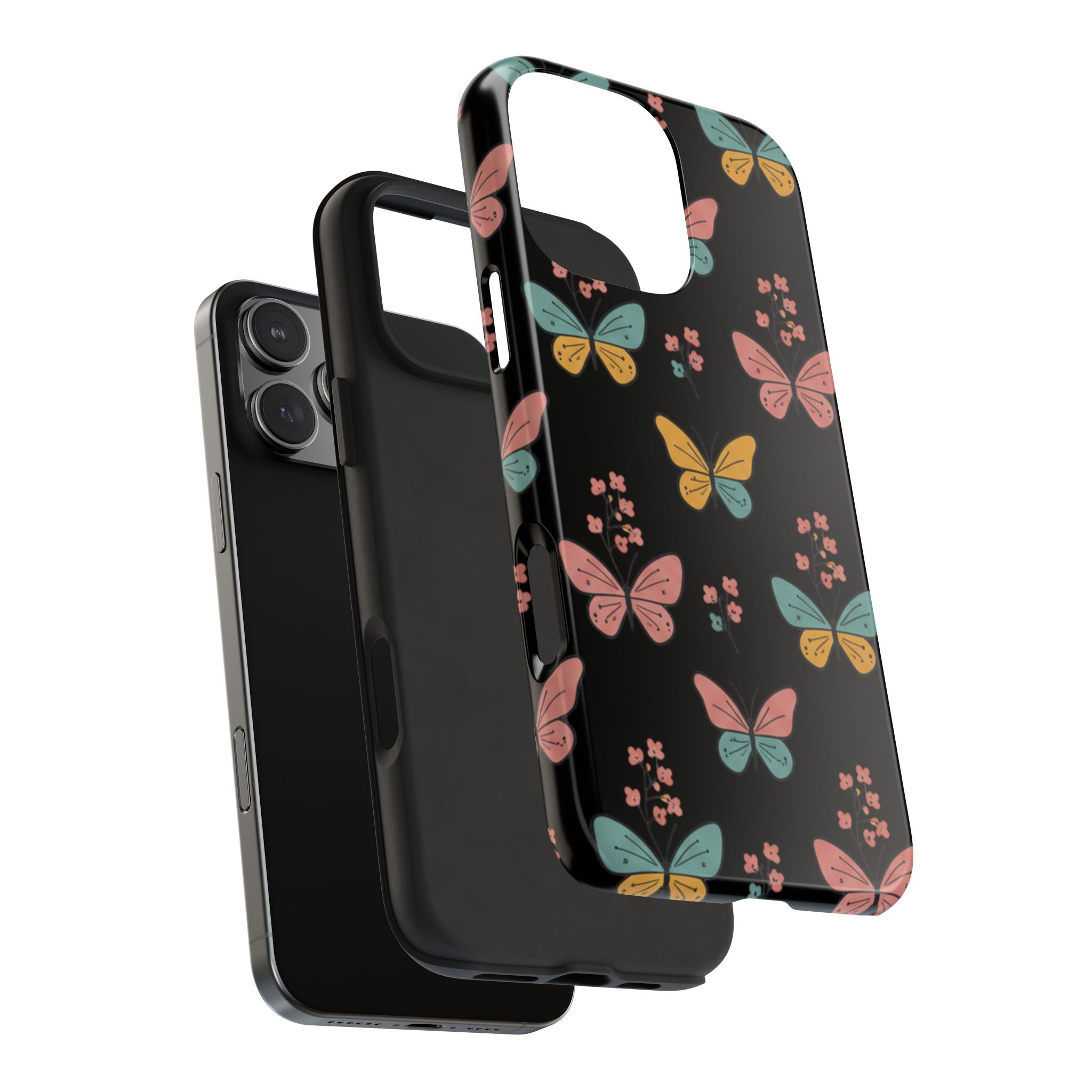Butterfly Pattern Tough Phone Case — Pastel Butterflies on Black, Protective Floral Phone Cover