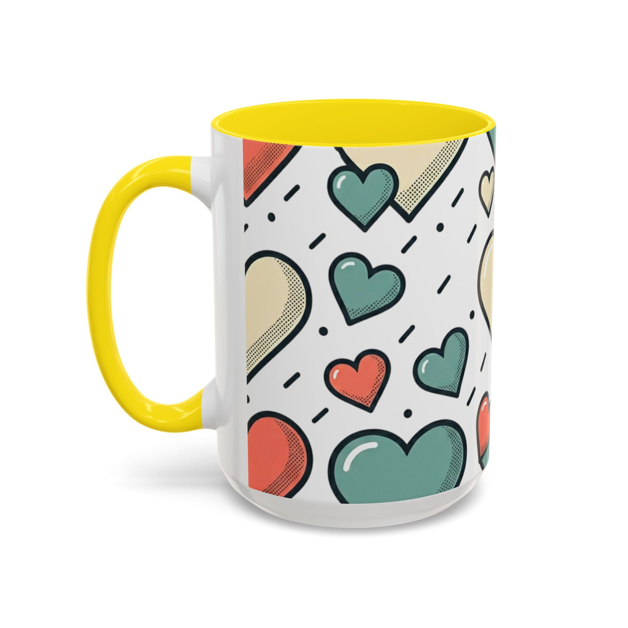 Heart Pattern Accent Coffee Mug — Cute Colorful Hearts Design (11/15 oz)