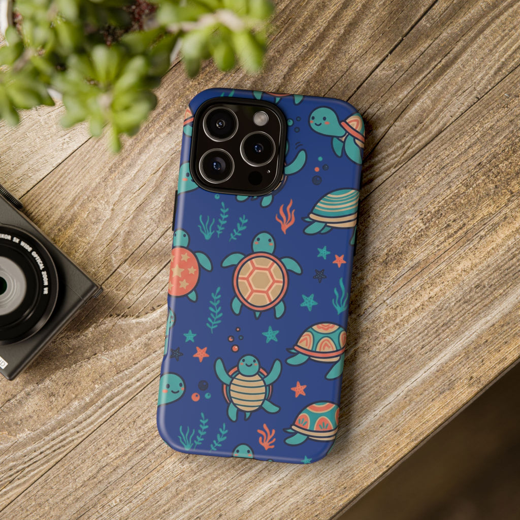 Cute Sea Turtle Phone Case — Protective Tough Case with Blue Ocean Pattern