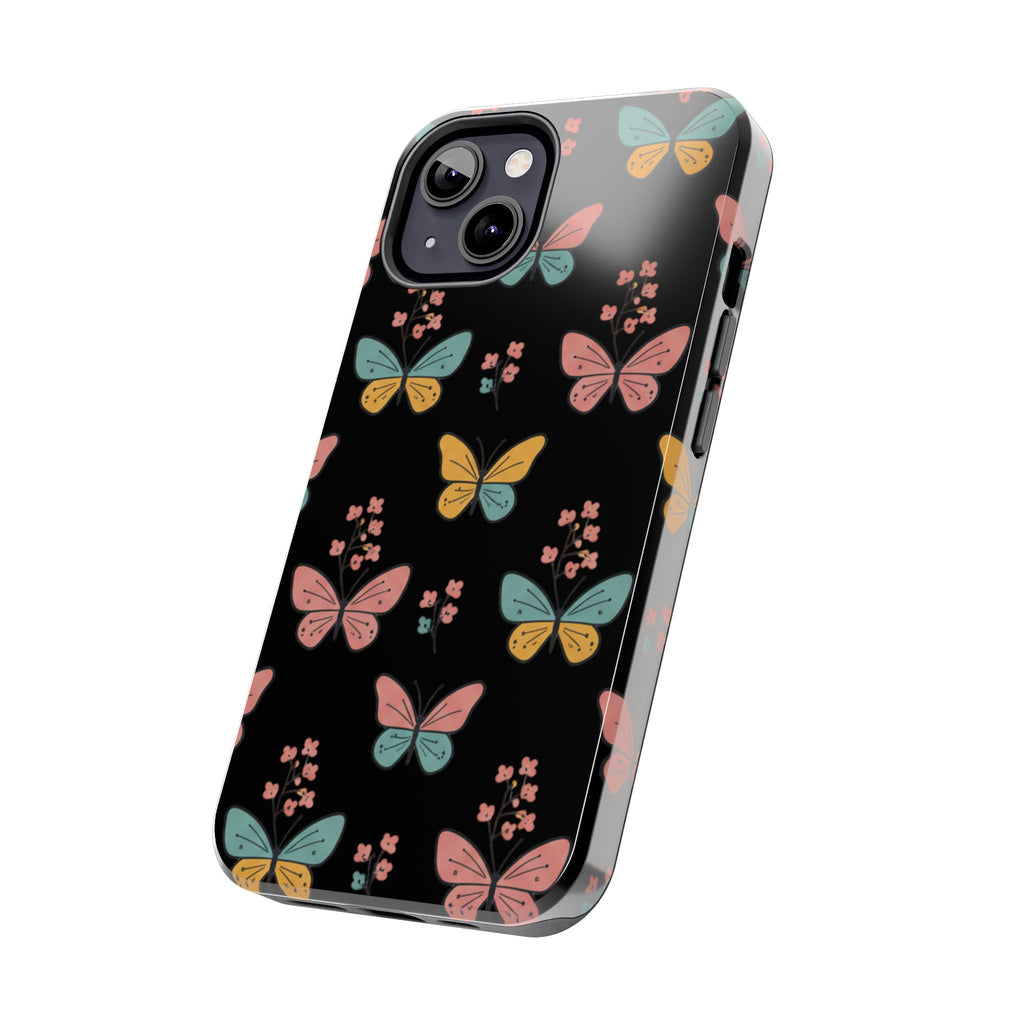 Butterfly Pattern Tough Phone Case — Pastel Butterflies on Black, Protective Floral Phone Cover