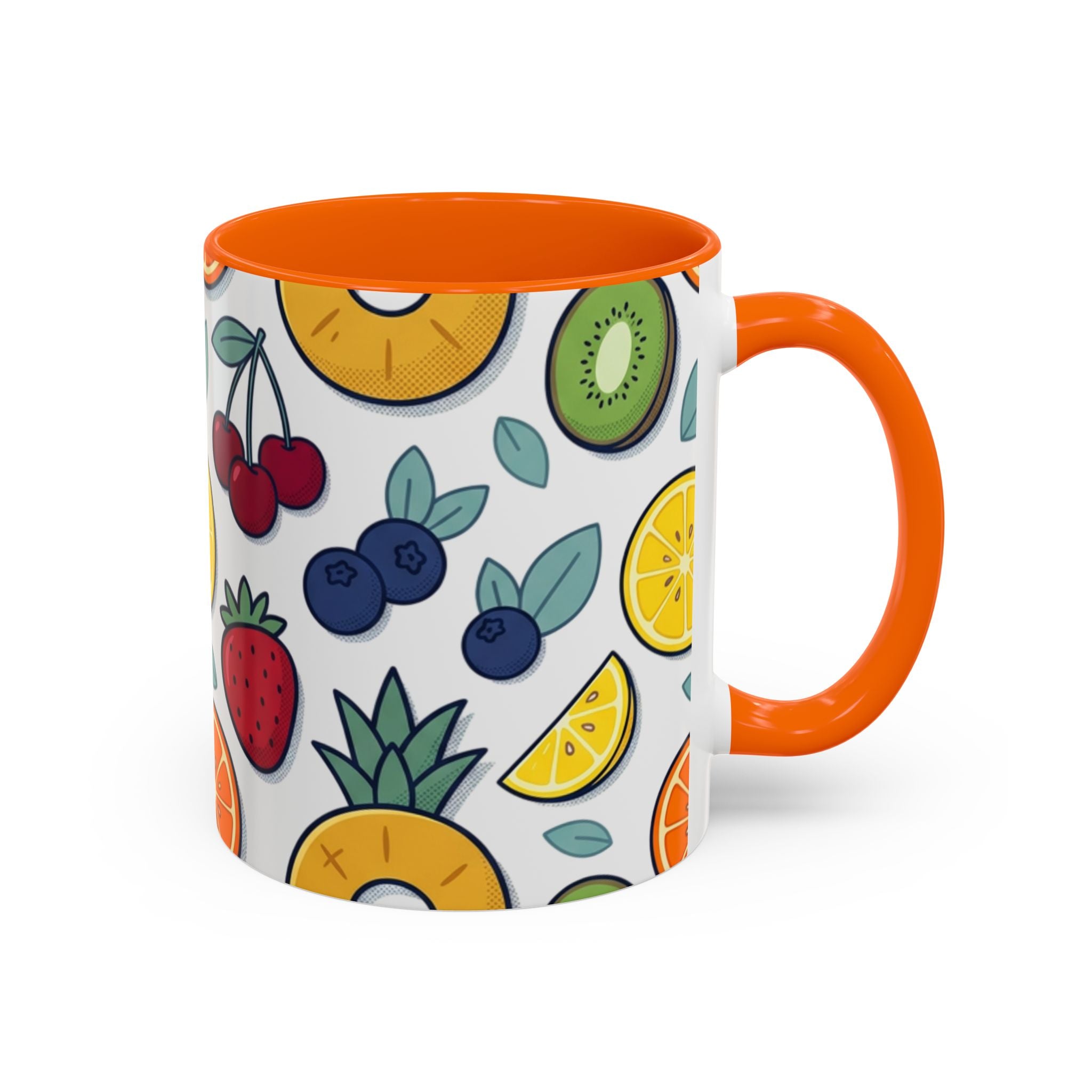 Fruit Pattern Accent Coffee Mug — Colorful Tropical Fruit Ceramic Mug (11/15oz)