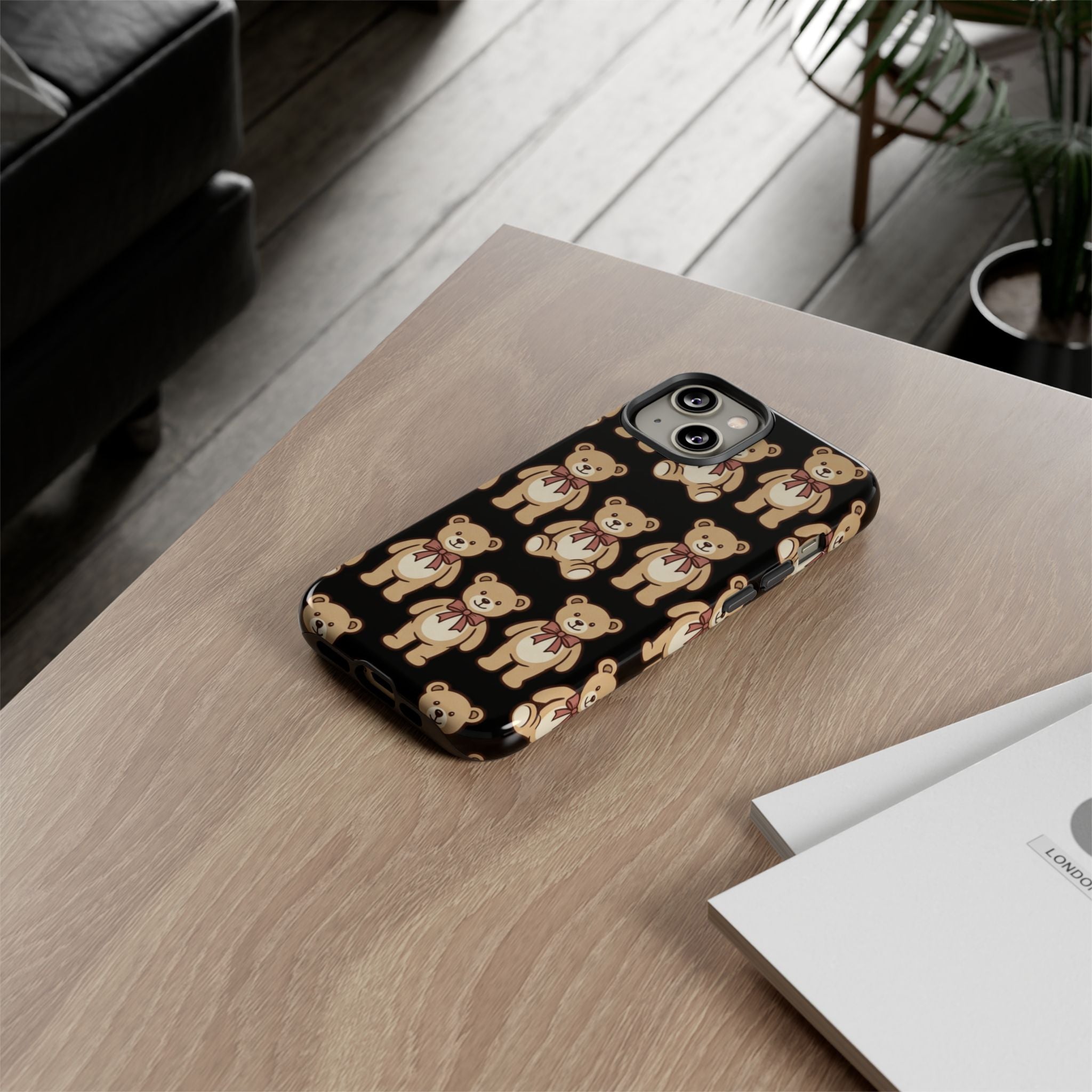 Teddy Bear Pattern Phone Case — Cute Vintage Ribbon Bears on Black