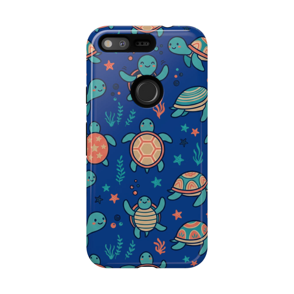 Cute Sea Turtle Phone Case — Protective Tough Case with Blue Ocean Pattern