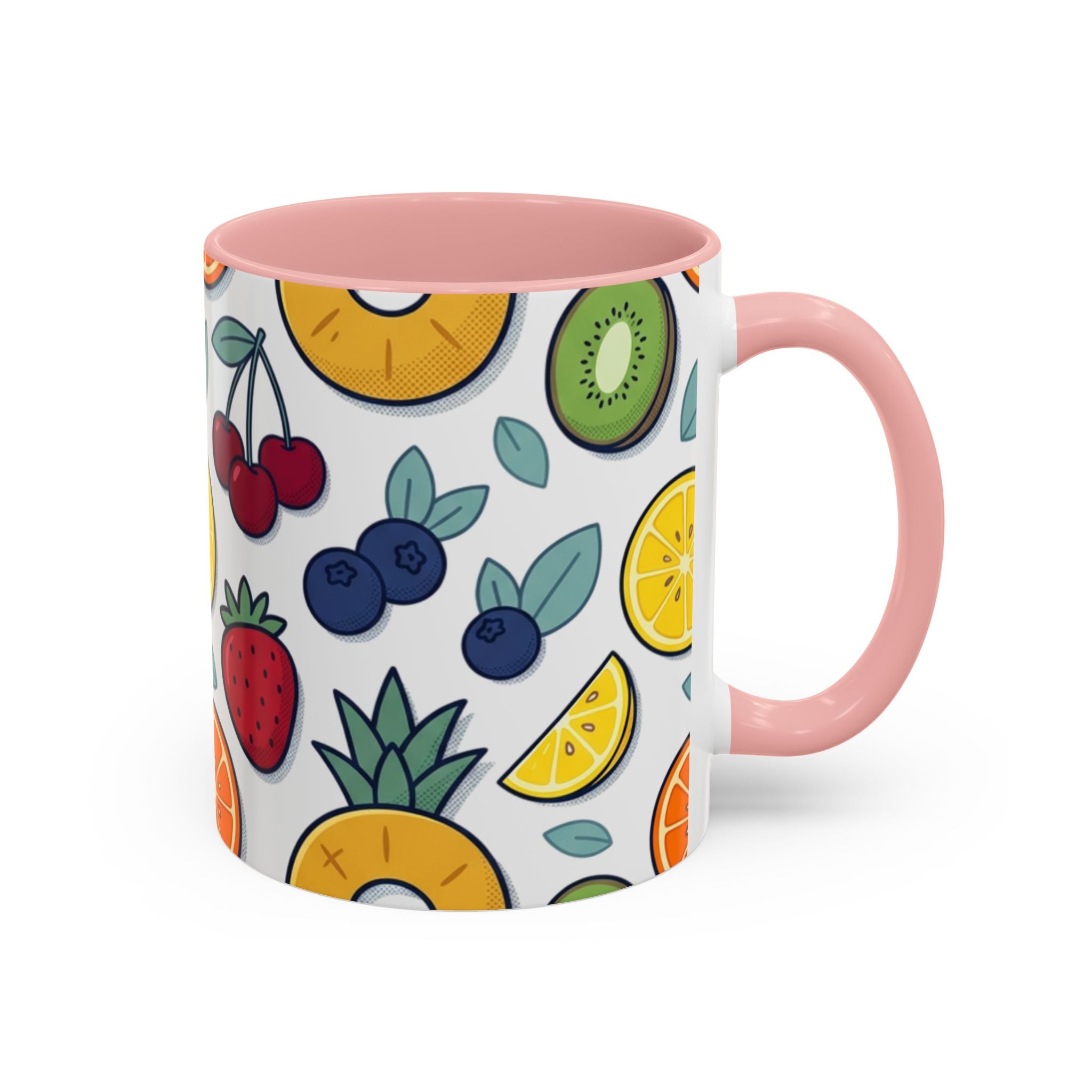 Fruit Pattern Accent Coffee Mug — Colorful Tropical Fruit Ceramic Mug (11/15oz)