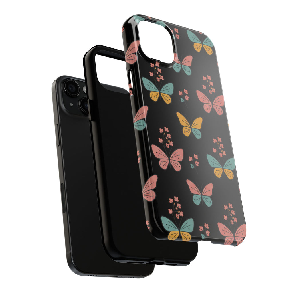 Butterfly Pattern Tough Phone Case — Pastel Butterflies on Black, Protective Floral Phone Cover