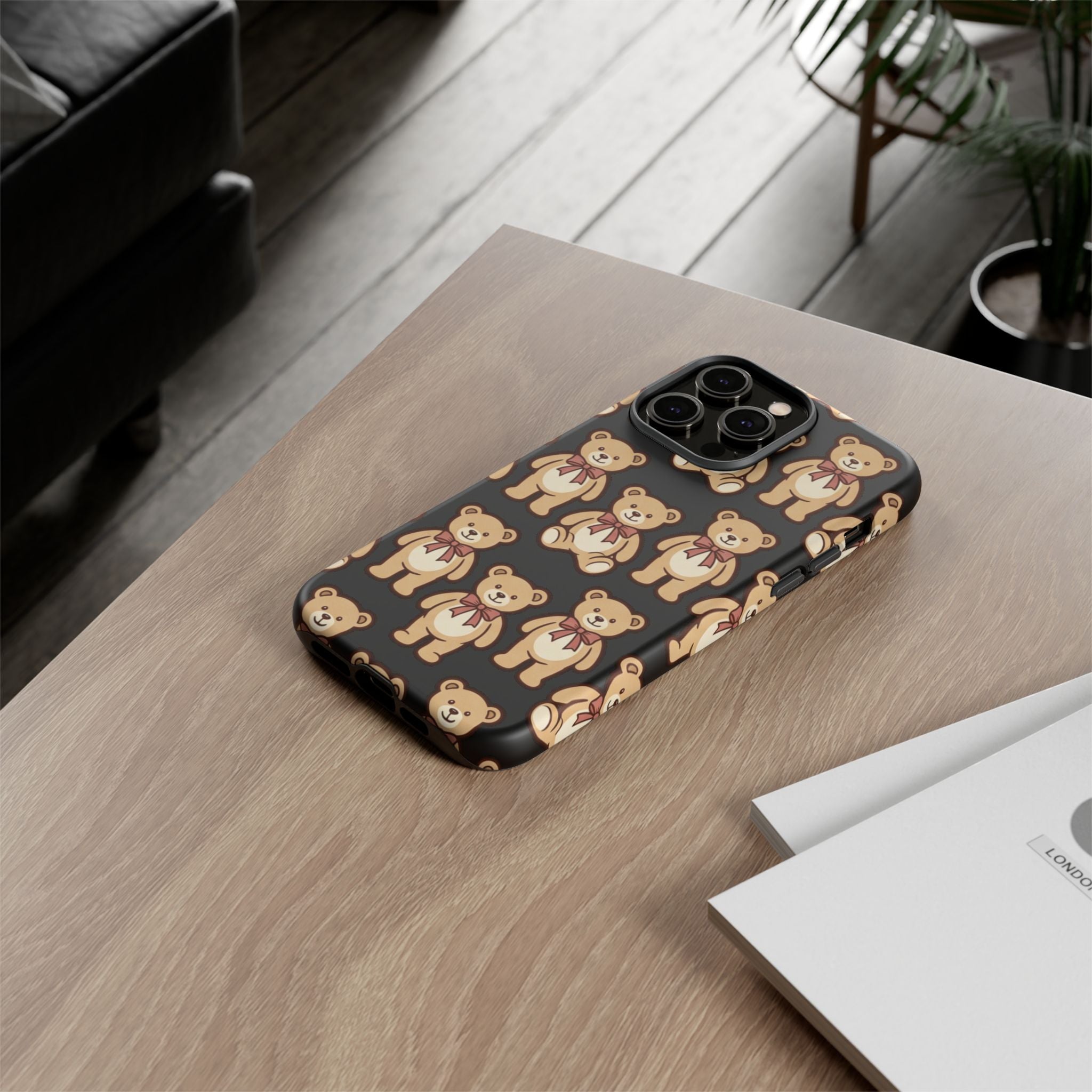 Teddy Bear Pattern Phone Case — Cute Vintage Ribbon Bears on Black