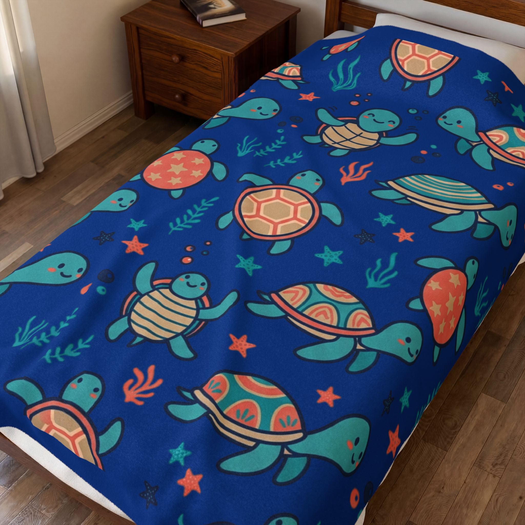Sea Turtle Velveteen Plush Blanket — Cute Nautical Kids Throw