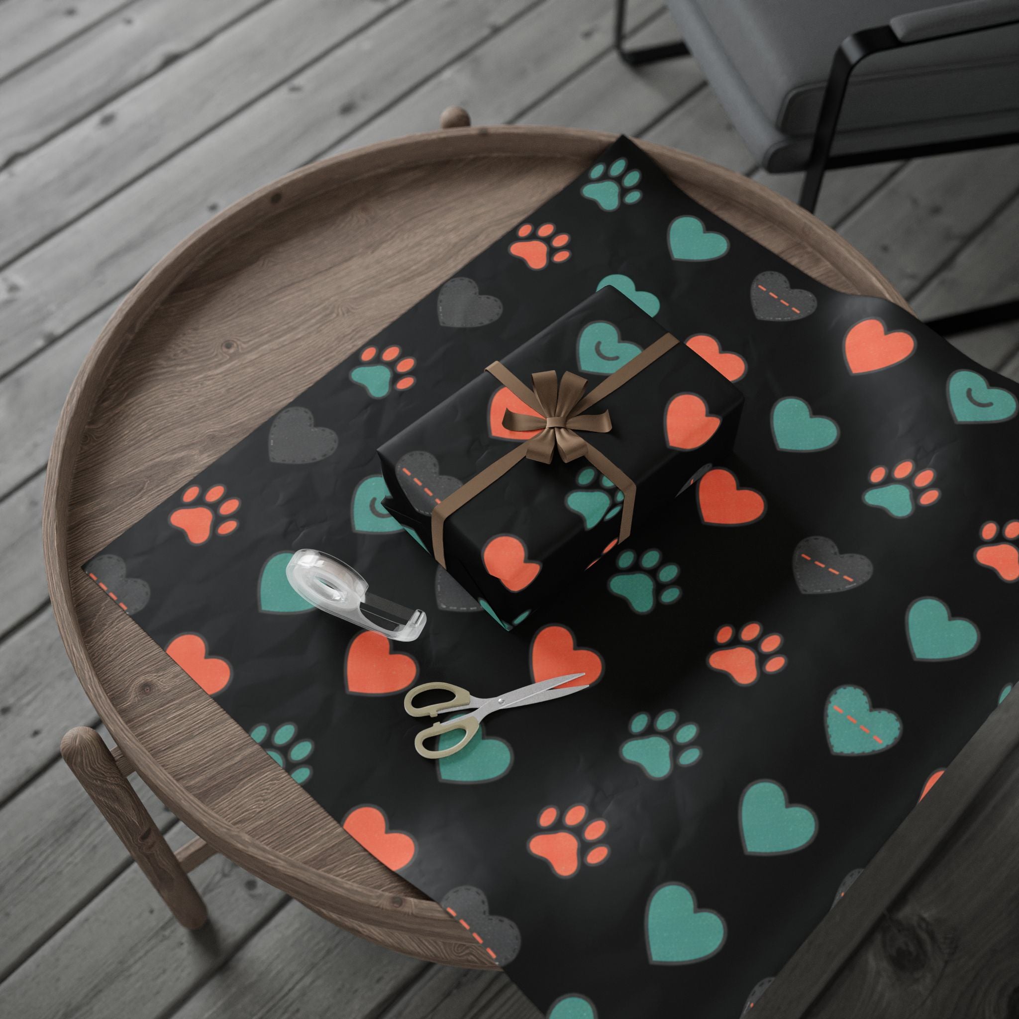 Heart Pattern Wrapping Paper Roll — Black Background with Teal & Coral Hearts, Gift Wrap for Valentine’s, Anniversaries, & Birthdays