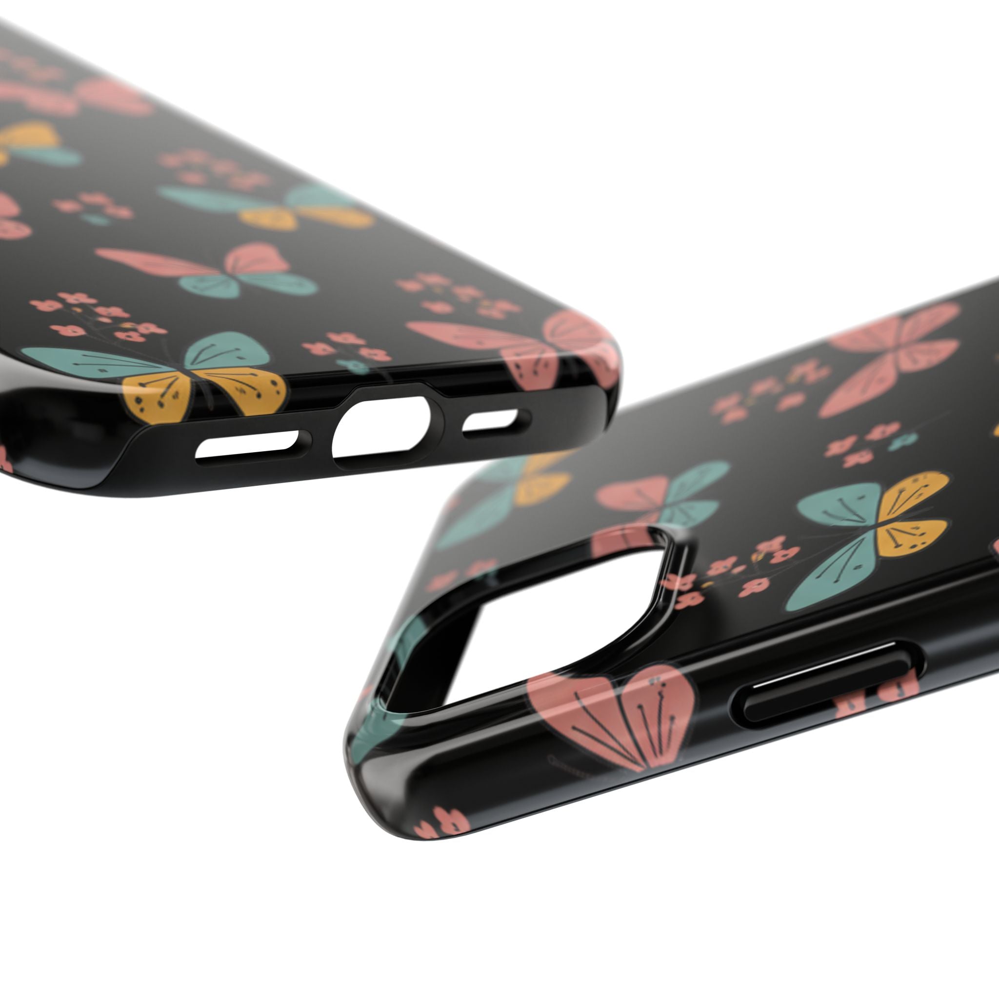 Butterfly Pattern Tough Phone Case — Pastel Butterflies on Black, Protective Floral Phone Cover
