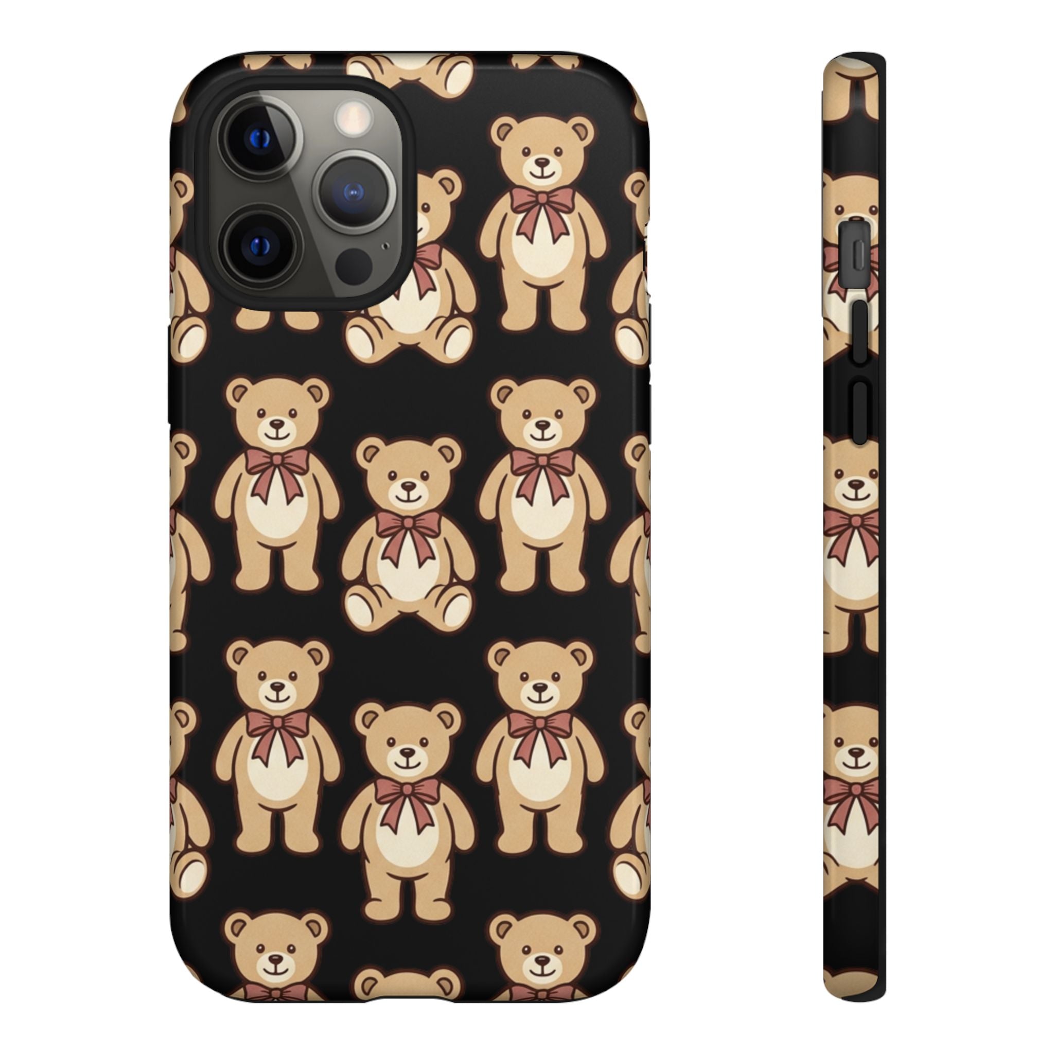 Teddy Bear Pattern Phone Case — Cute Vintage Ribbon Bears on Black