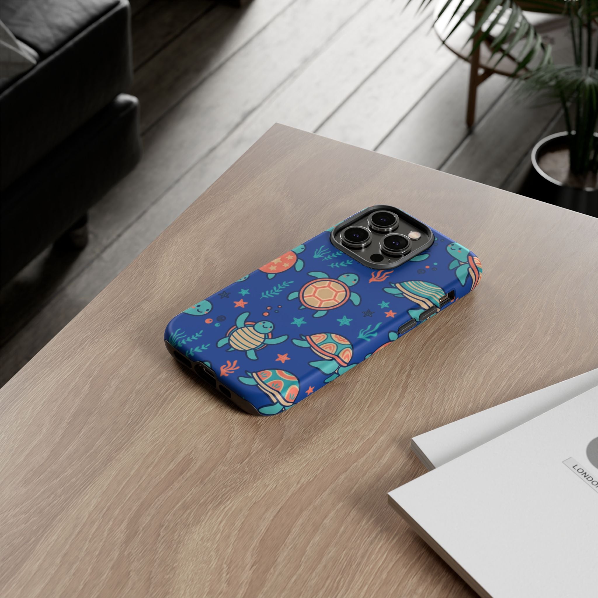 Cute Sea Turtle Phone Case — Protective Tough Case with Blue Ocean Pattern