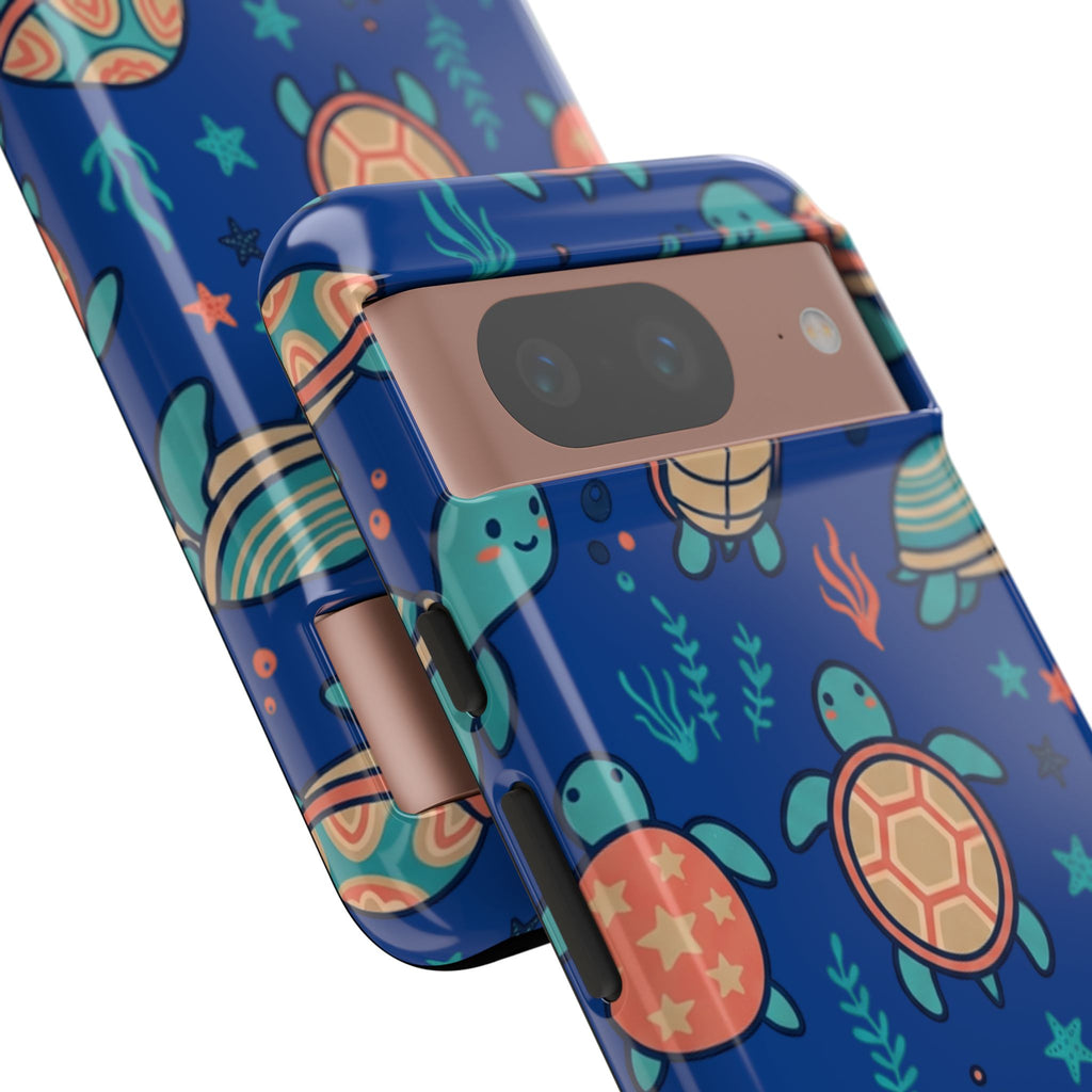 Cute Sea Turtle Phone Case — Protective Tough Case with Blue Ocean Pattern