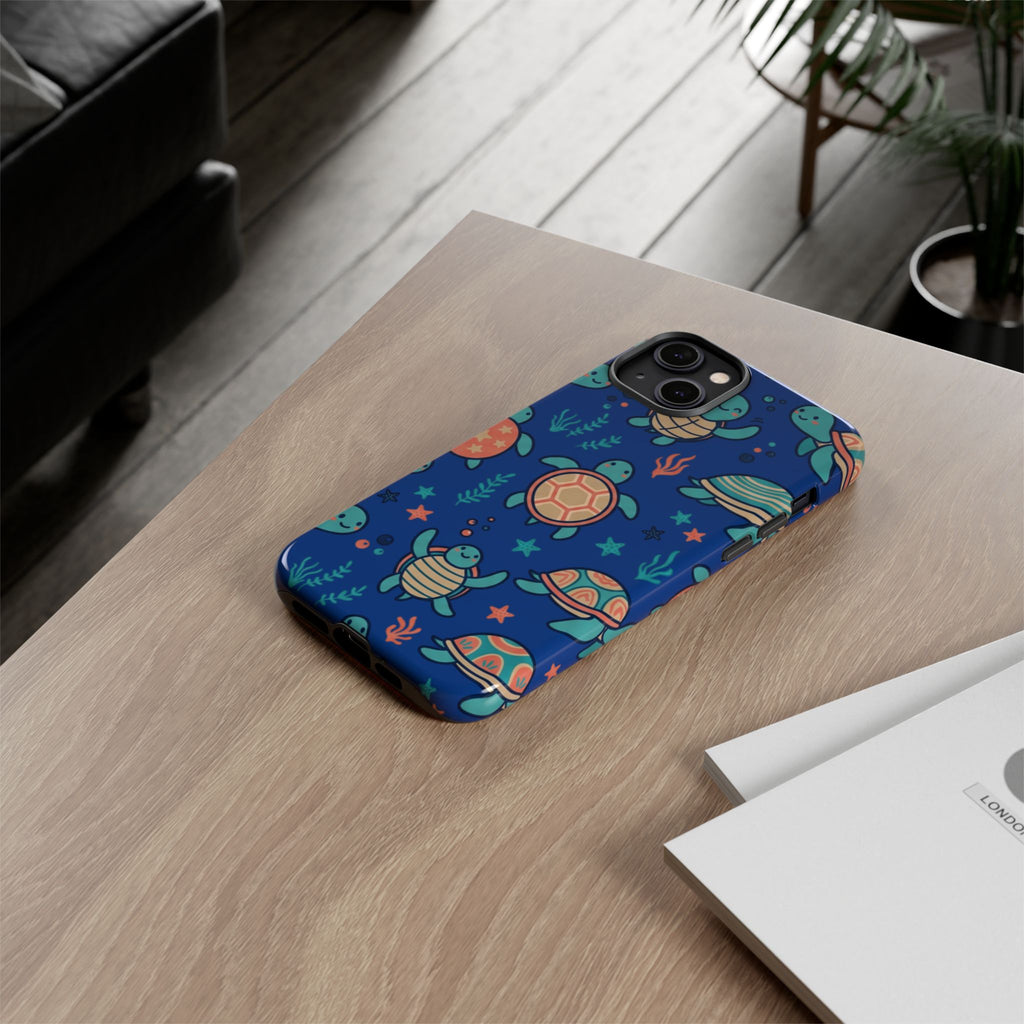 Cute Sea Turtle Phone Case — Protective Tough Case with Blue Ocean Pattern