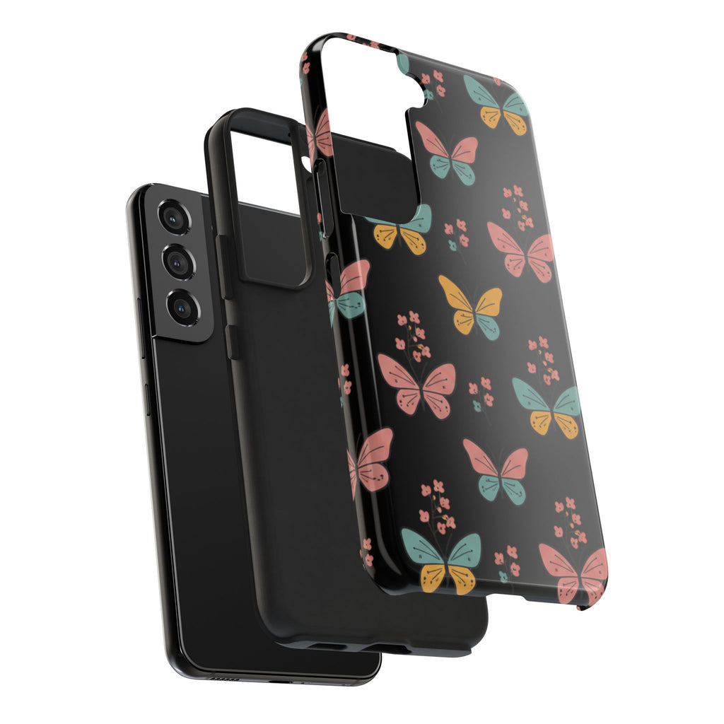 Butterfly Pattern Tough Phone Case — Pastel Butterflies on Black, Protective Floral Phone Cover