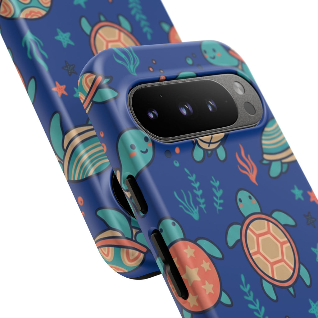 Cute Sea Turtle Phone Case — Protective Tough Case with Blue Ocean Pattern