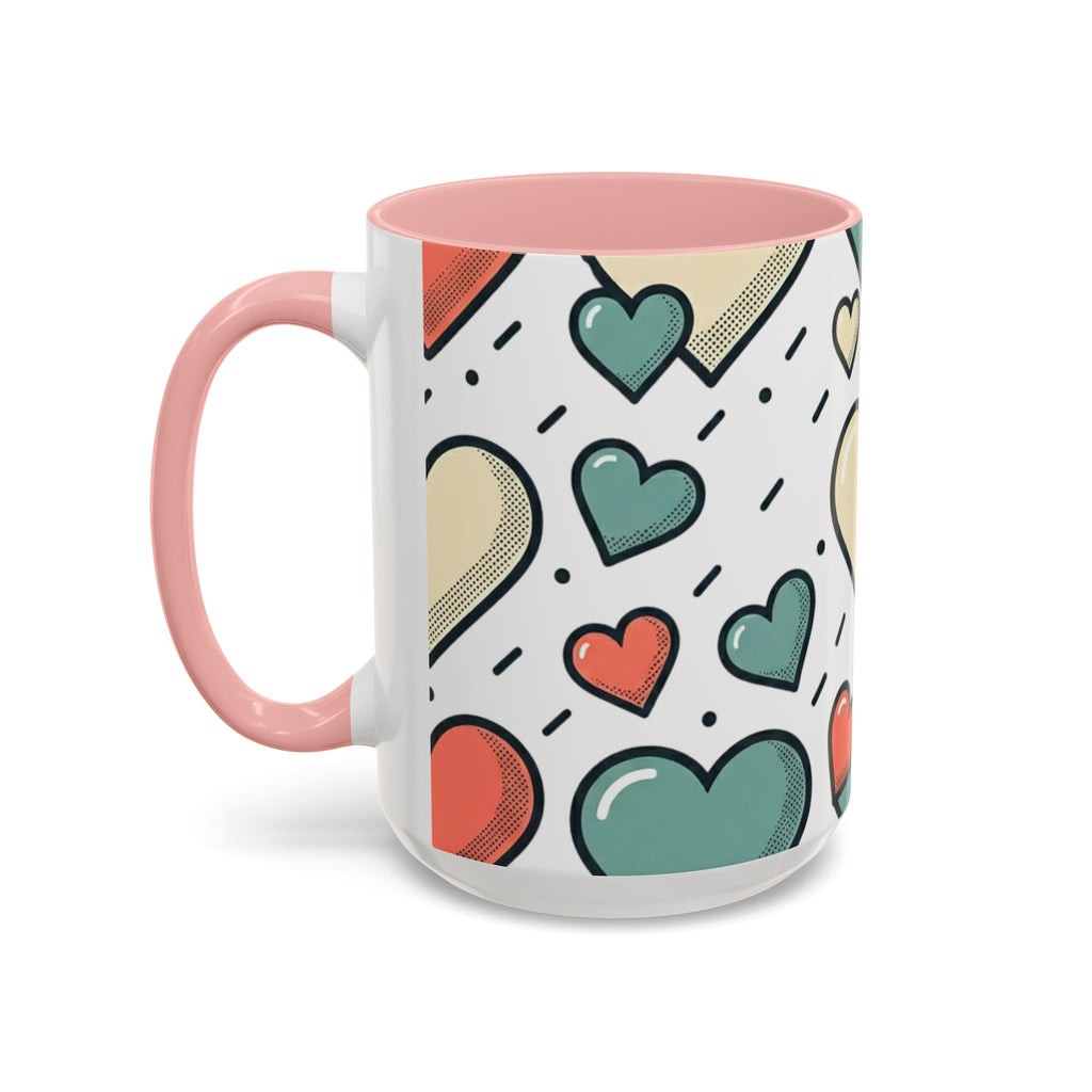 Heart Pattern Accent Coffee Mug — Cute Colorful Hearts Design (11/15 oz)