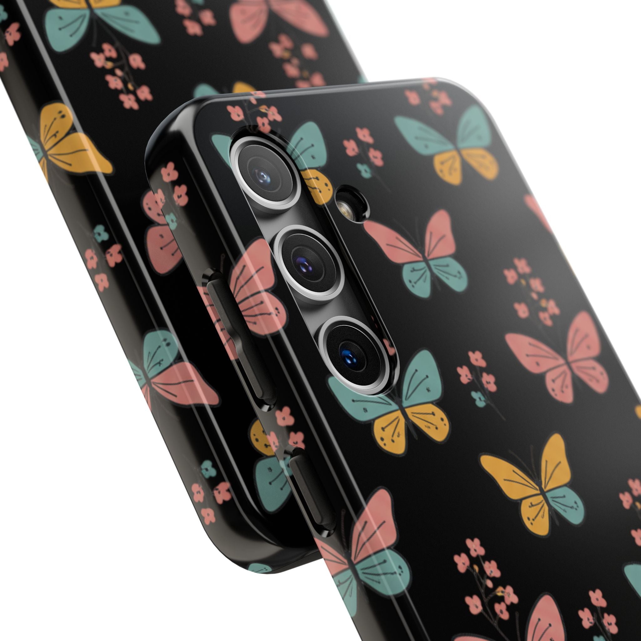 Butterfly Pattern Tough Phone Case — Pastel Butterflies on Black, Protective Floral Phone Cover