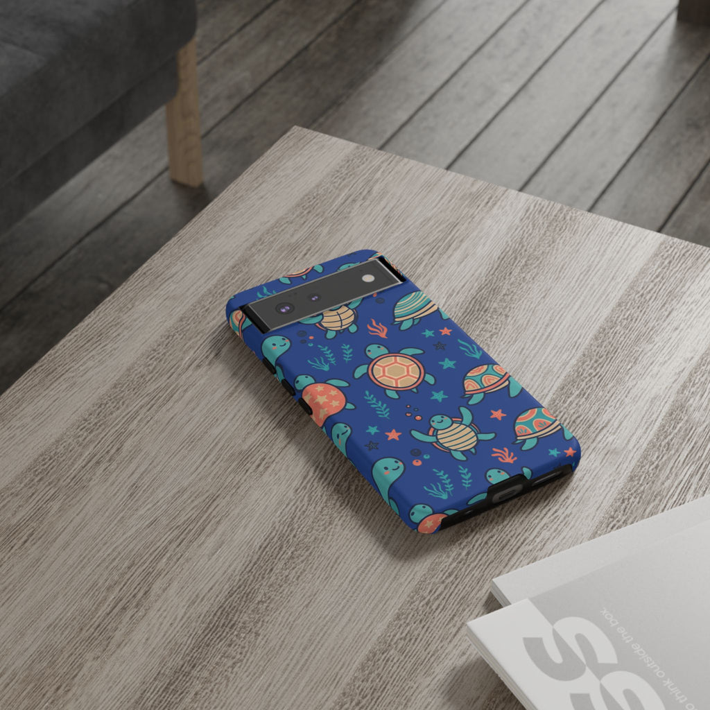 Cute Sea Turtle Phone Case — Protective Tough Case with Blue Ocean Pattern