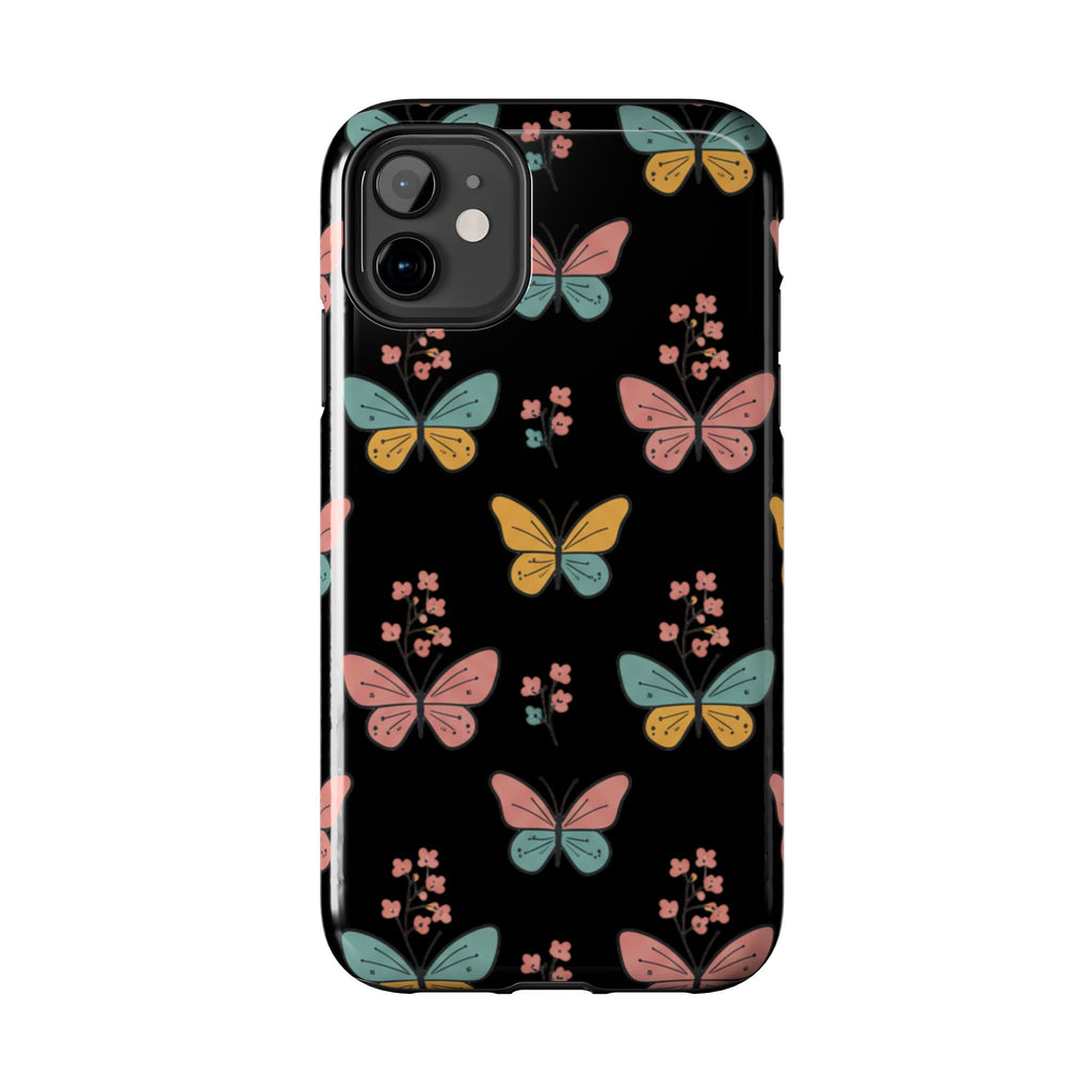 Butterfly Pattern Tough Phone Case — Pastel Butterflies on Black, Protective Floral Phone Cover