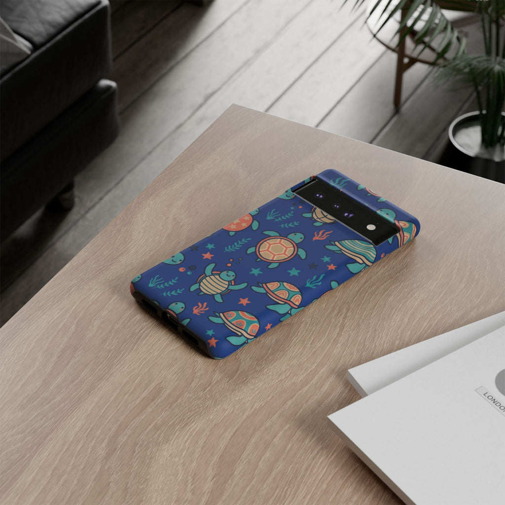 Cute Sea Turtle Phone Case — Protective Tough Case with Blue Ocean Pattern