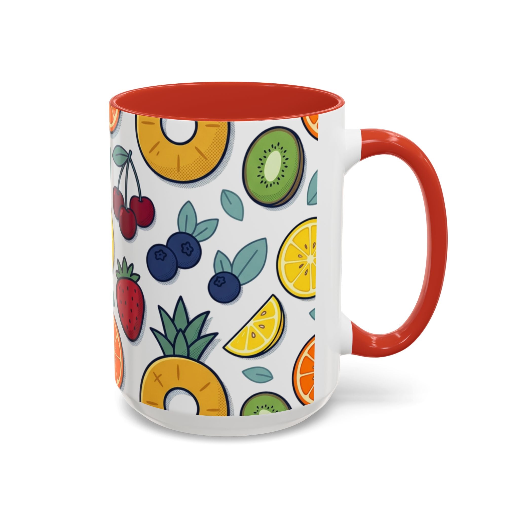 Fruit Pattern Accent Coffee Mug — Colorful Tropical Fruit Ceramic Mug (11/15oz)