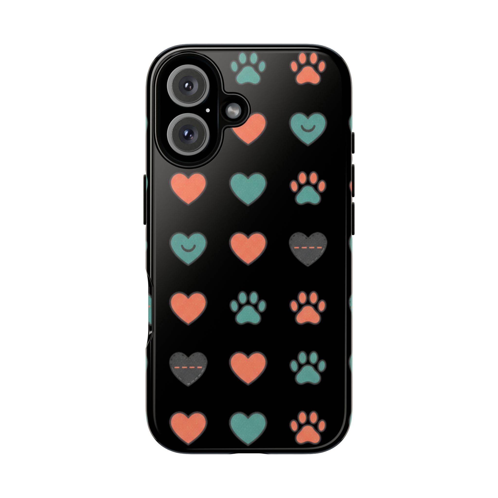 Phone Case — Cute Paw & Heart Pattern (Black Gloss)