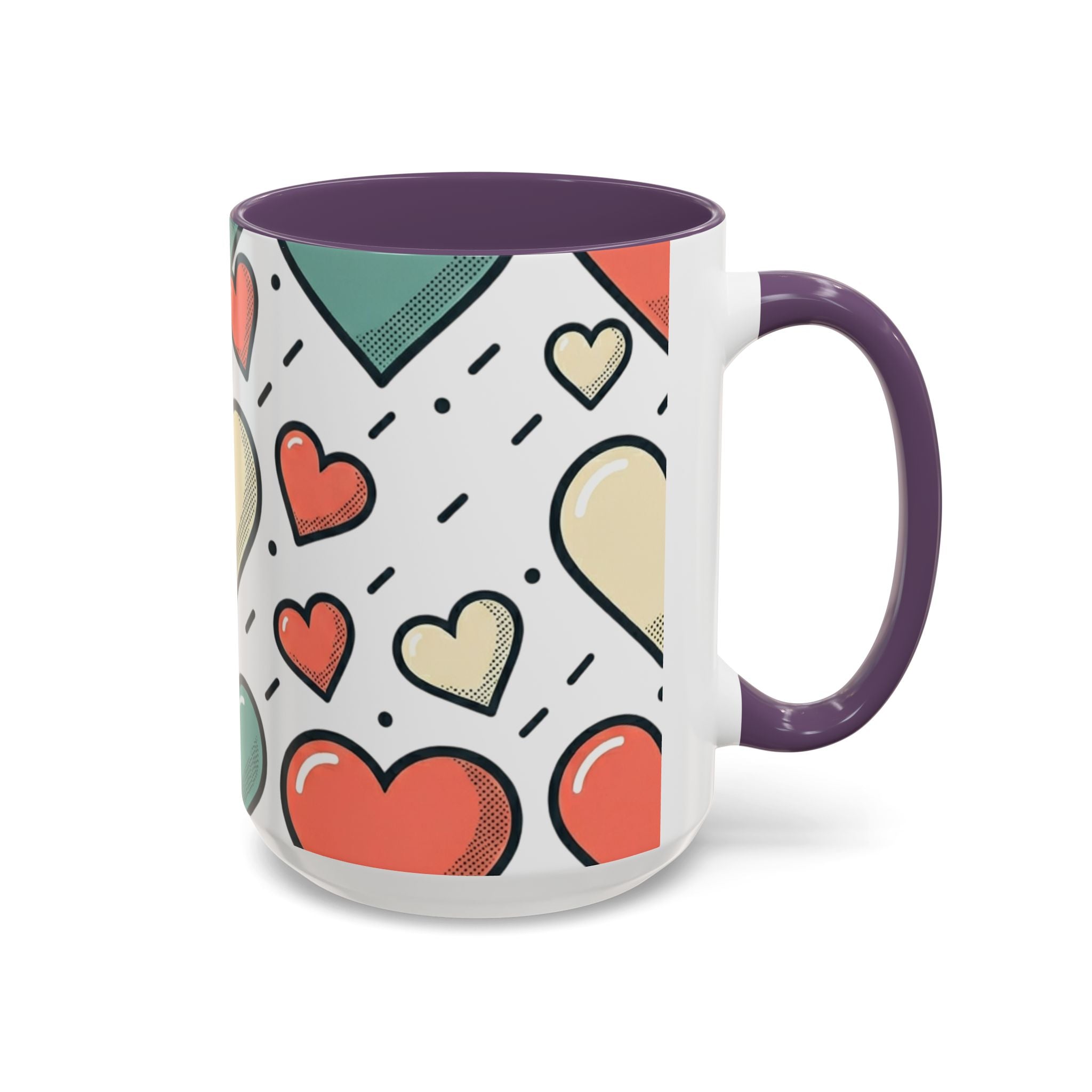 Heart Pattern Accent Coffee Mug — Cute Colorful Hearts Design (11/15 oz)