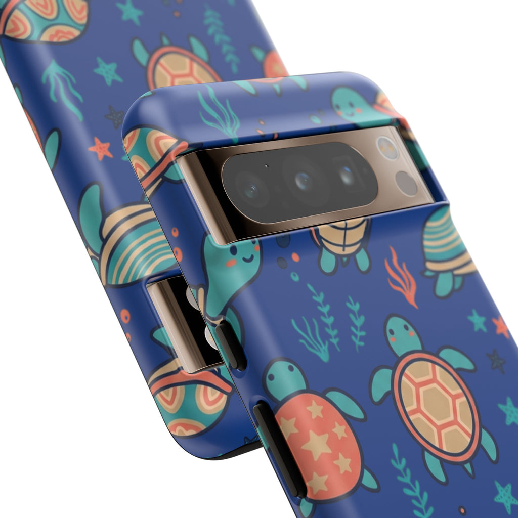 Cute Sea Turtle Phone Case — Protective Tough Case with Blue Ocean Pattern