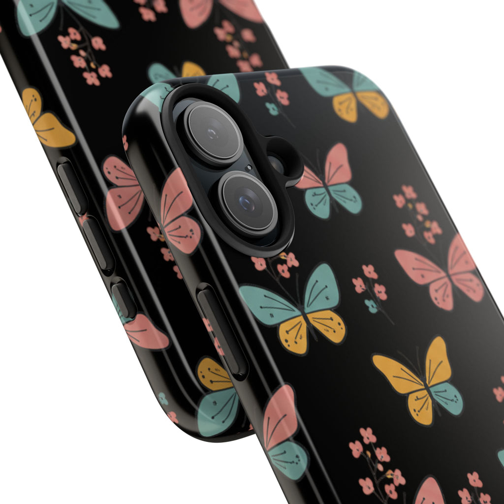 Butterfly Pattern Tough Phone Case — Pastel Butterflies on Black, Protective Floral Phone Cover