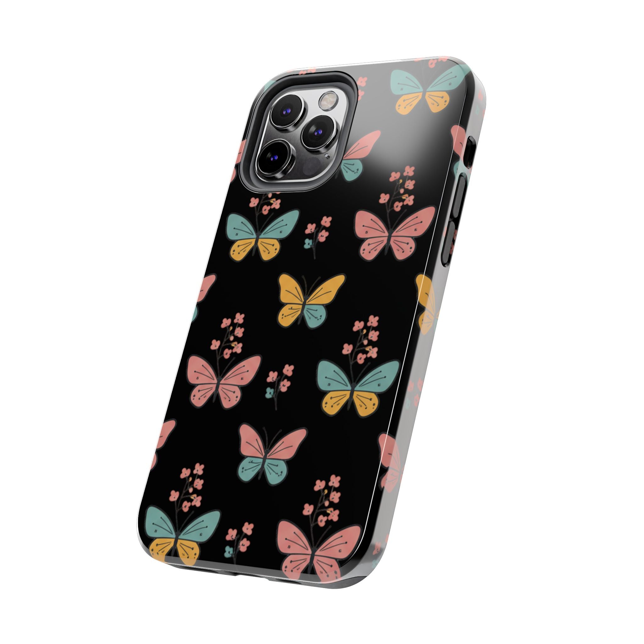 Butterfly Pattern Tough Phone Case — Pastel Butterflies on Black, Protective Floral Phone Cover