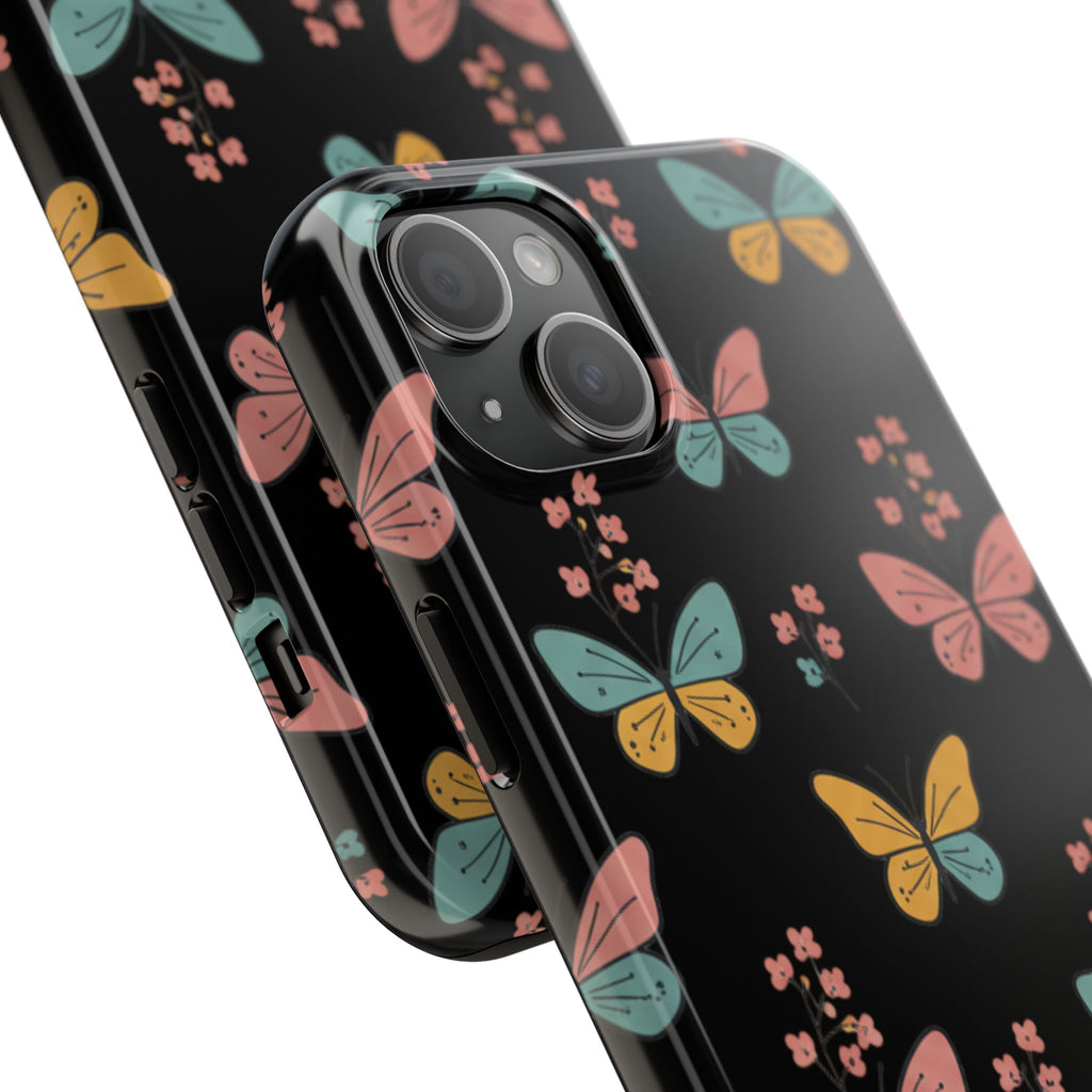 Butterfly Pattern Tough Phone Case — Pastel Butterflies on Black, Protective Floral Phone Cover