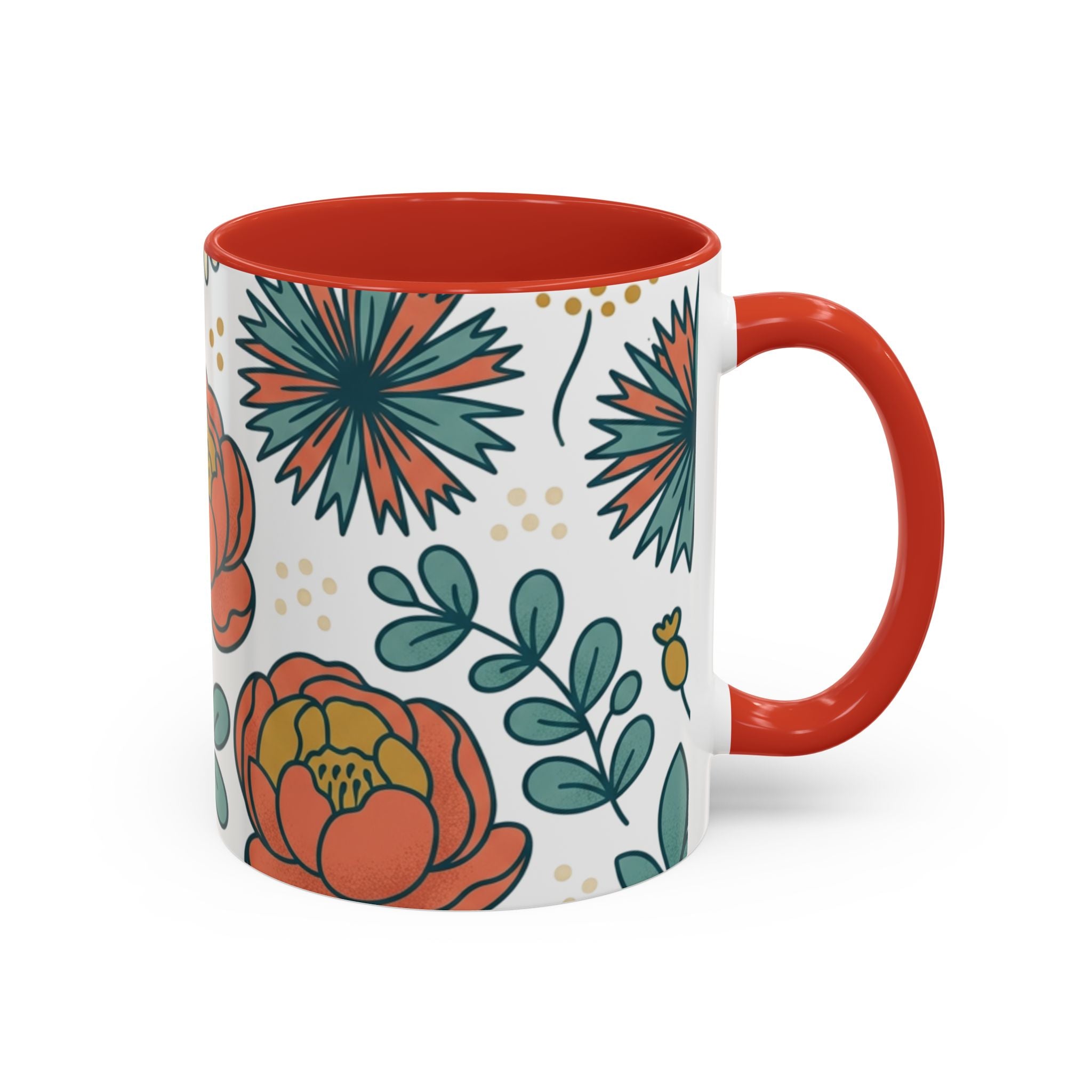 Floral Accent Coffee Mug — Orange Peony Pattern, 11/15oz