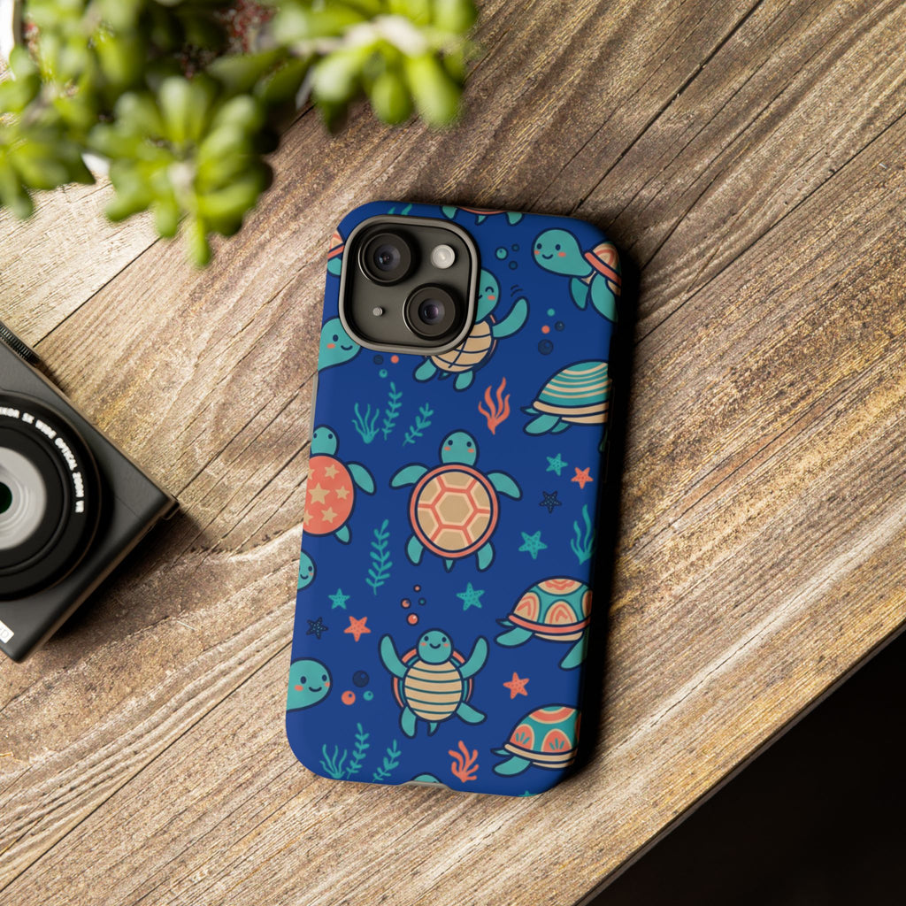 Cute Sea Turtle Phone Case — Protective Tough Case with Blue Ocean Pattern