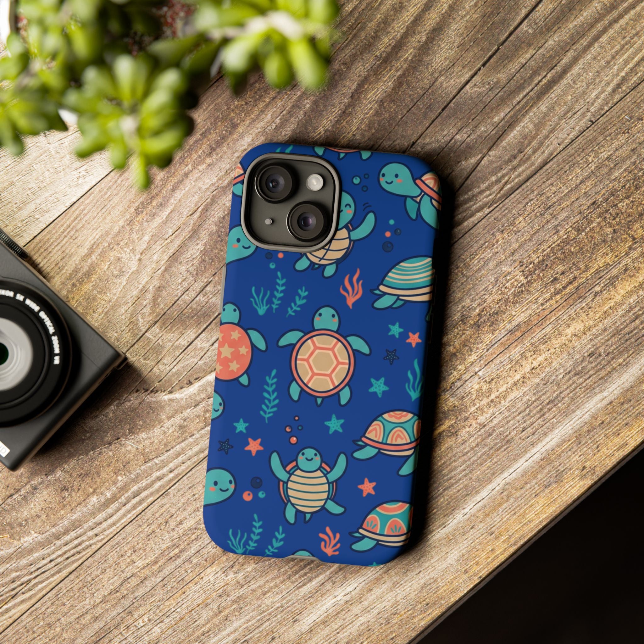 Cute Sea Turtle Phone Case — Protective Tough Case with Blue Ocean Pattern