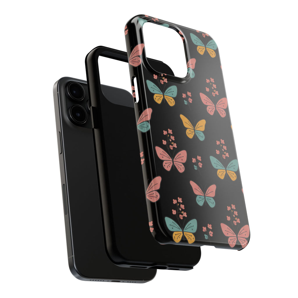 Butterfly Pattern Tough Phone Case — Pastel Butterflies on Black, Protective Floral Phone Cover