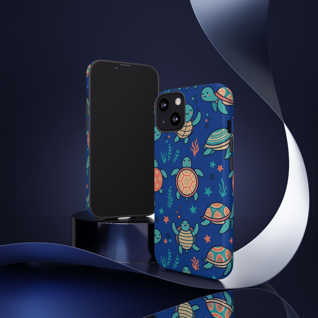 Cute Sea Turtle Phone Case — Protective Tough Case with Blue Ocean Pattern