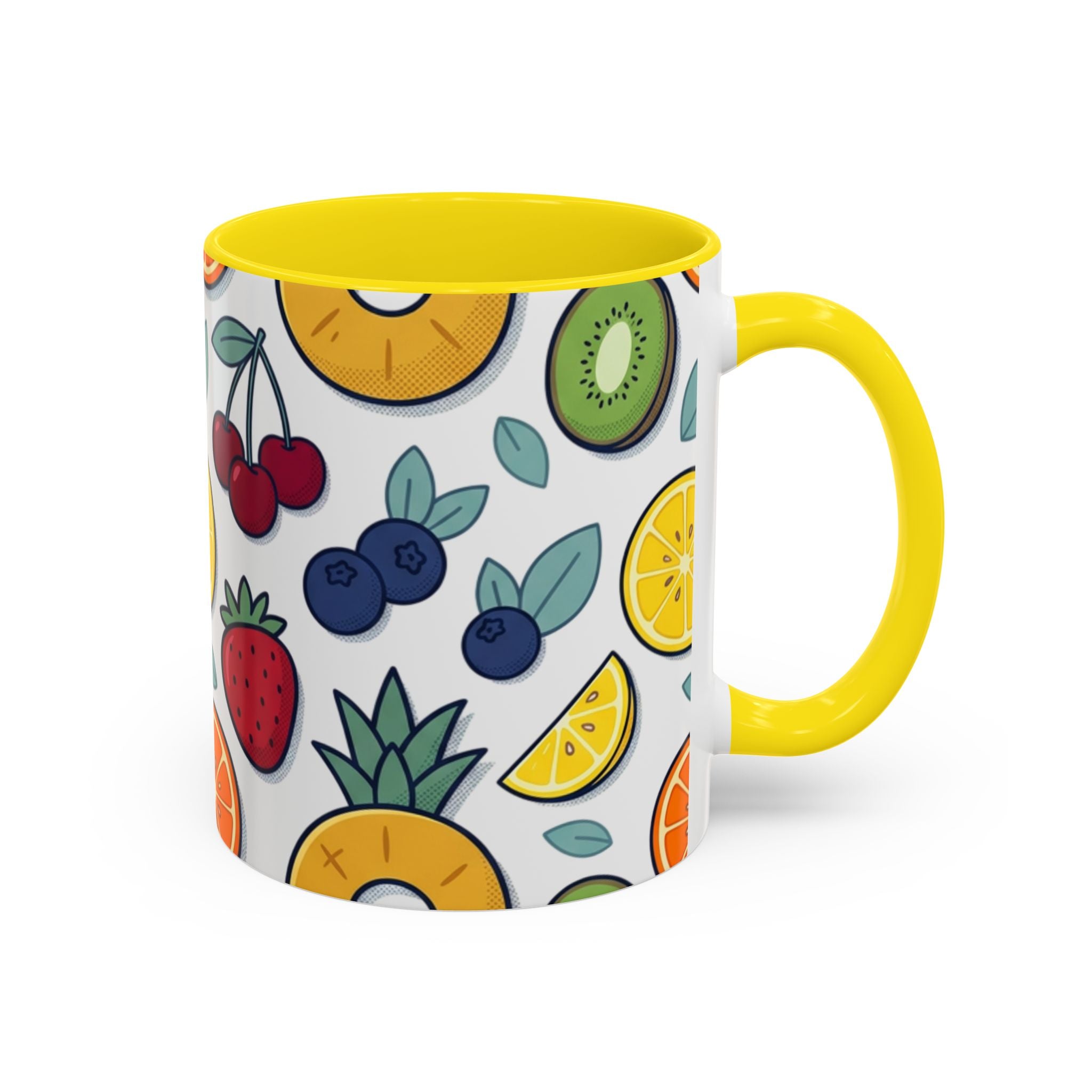 Fruit Pattern Accent Coffee Mug — Colorful Tropical Fruit Ceramic Mug (11/15oz)