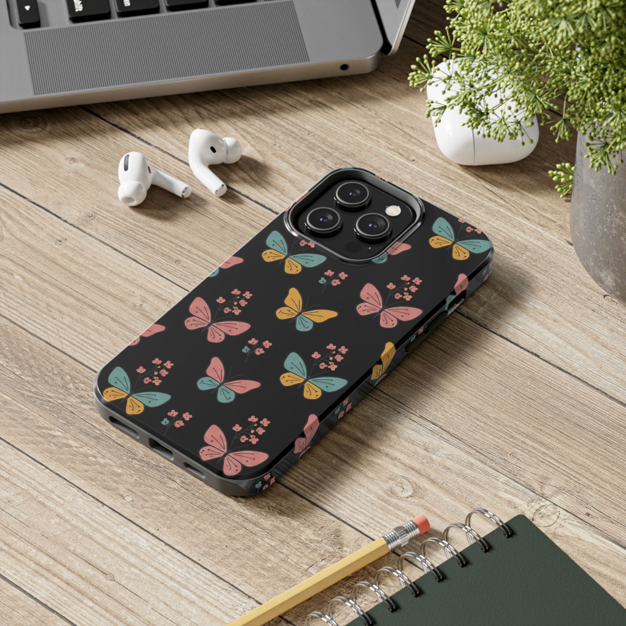 Butterfly Pattern Tough Phone Case — Pastel Butterflies on Black, Protective Floral Phone Cover