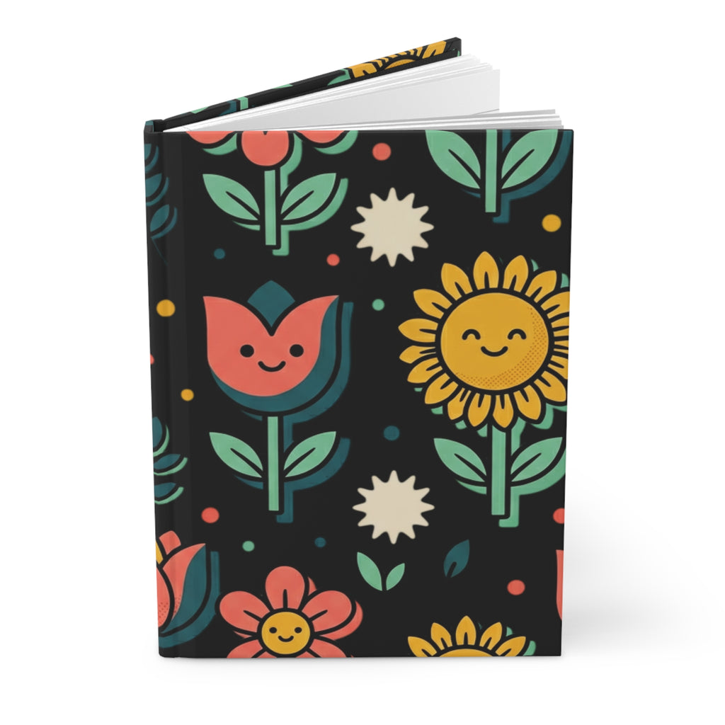 Floral Smiles Hardcover Journal — Cute Sunflower & Tulip Pattern Notebook