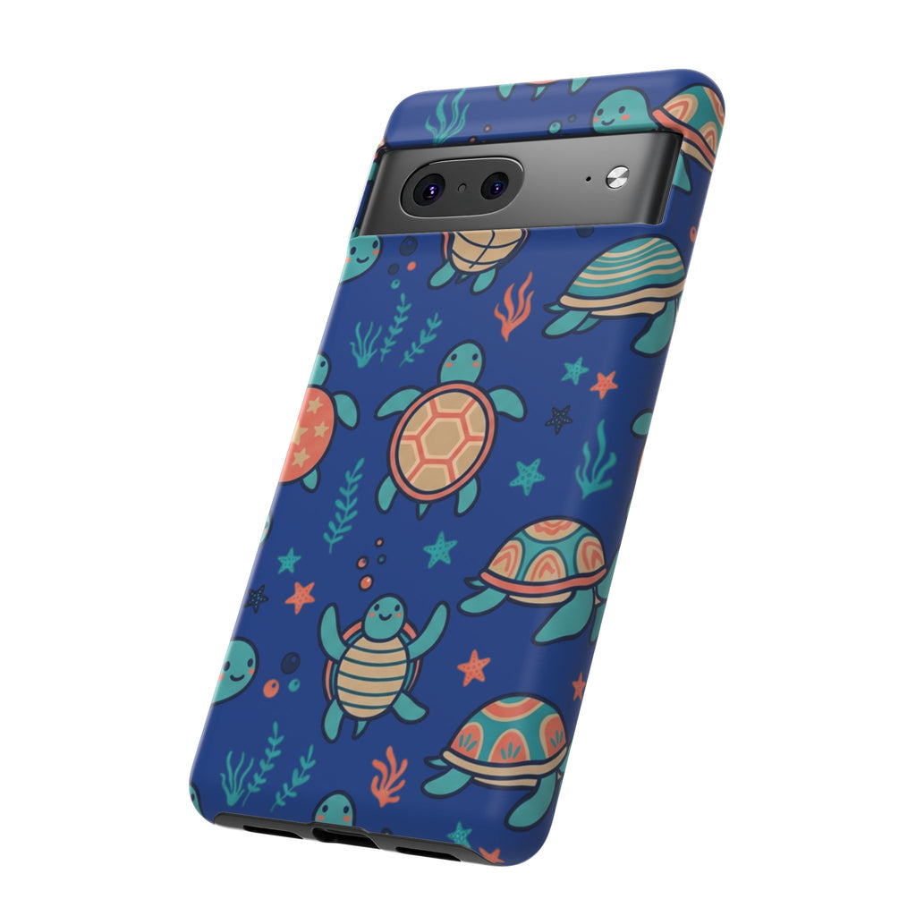 Cute Sea Turtle Phone Case — Protective Tough Case with Blue Ocean Pattern