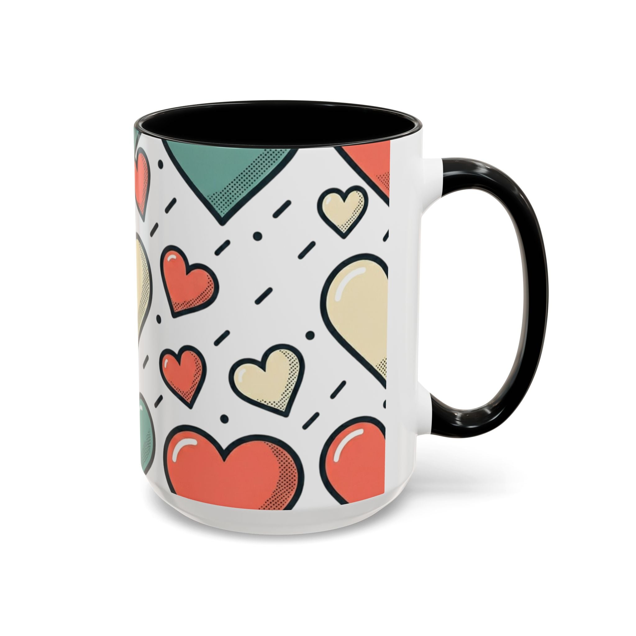 Heart Pattern Accent Coffee Mug — Cute Colorful Hearts Design (11/15 oz)