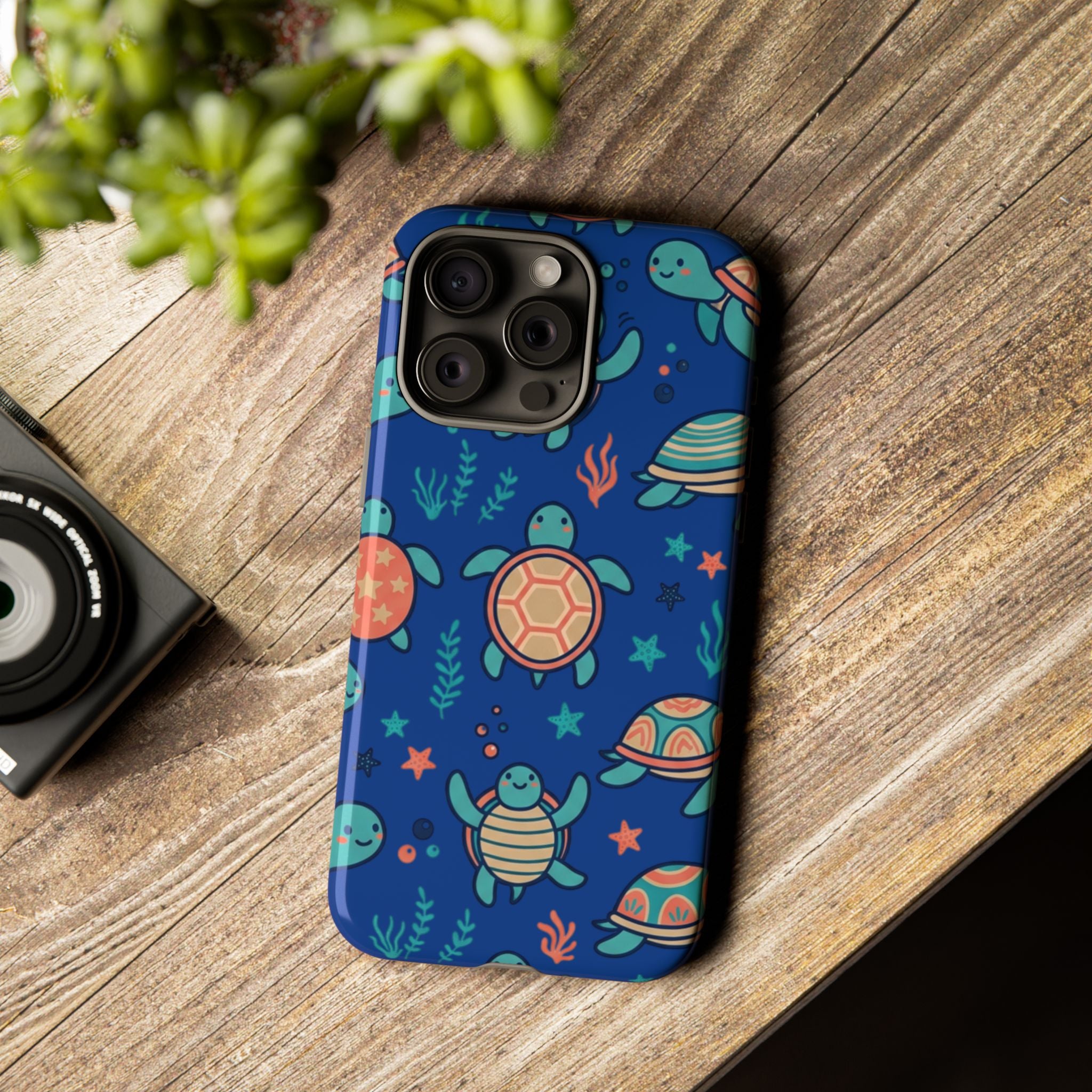 Cute Sea Turtle Phone Case — Protective Tough Case with Blue Ocean Pattern