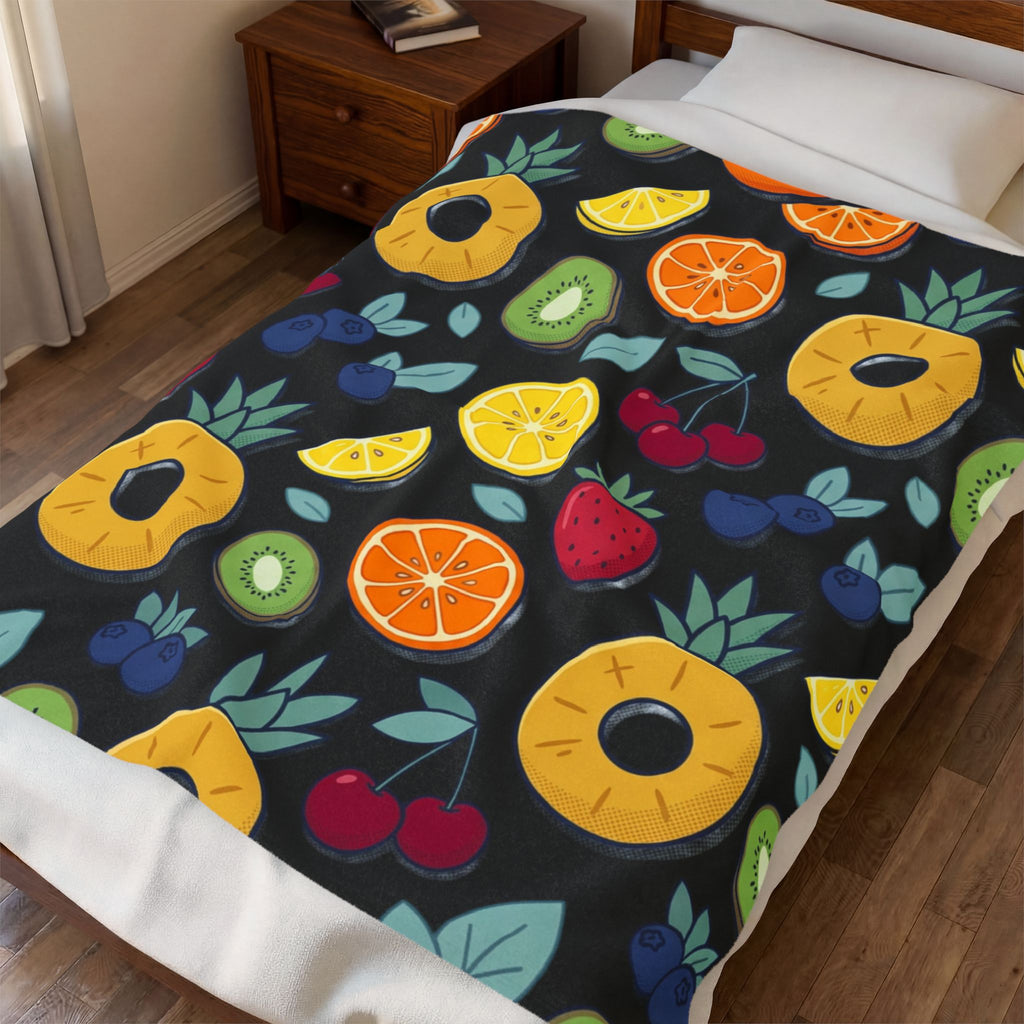 Fruit Pattern Velveteen Plush Blanket — Colorful Tropical Pineapple & Citrus Throw
