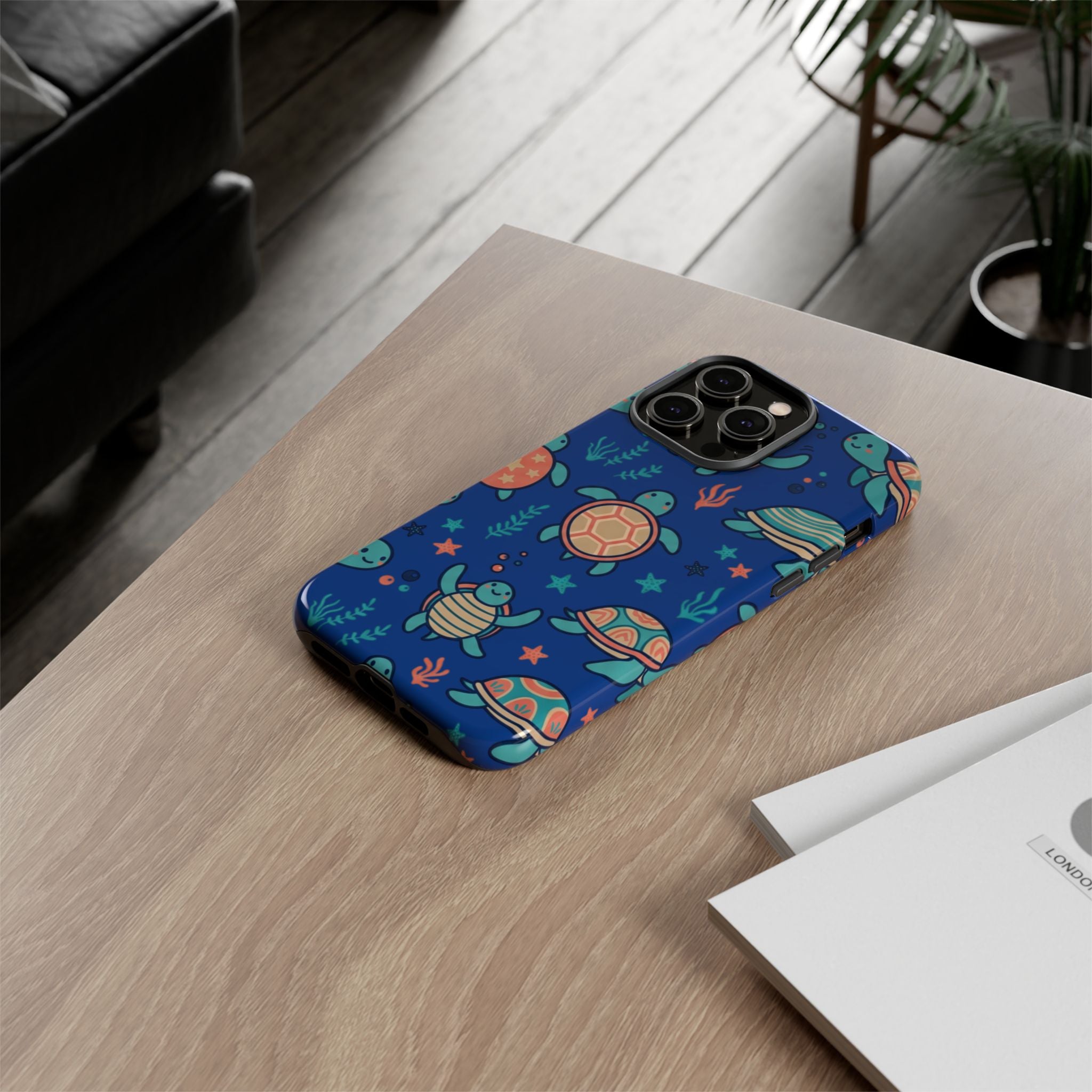 Cute Sea Turtle Phone Case — Protective Tough Case with Blue Ocean Pattern