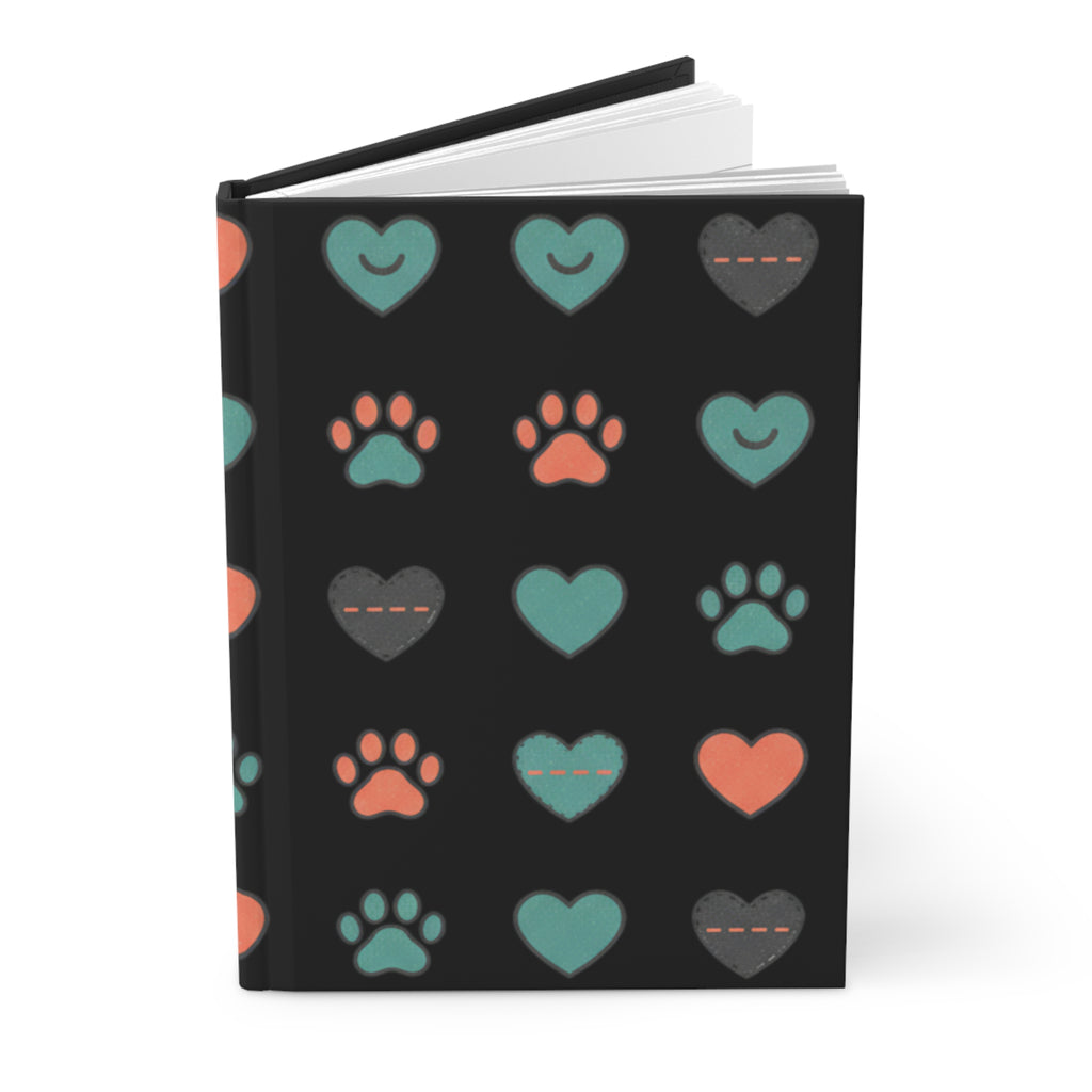 Cute Paw & Heart Hardcover Journal — Black Matte Pet Lover Notebook