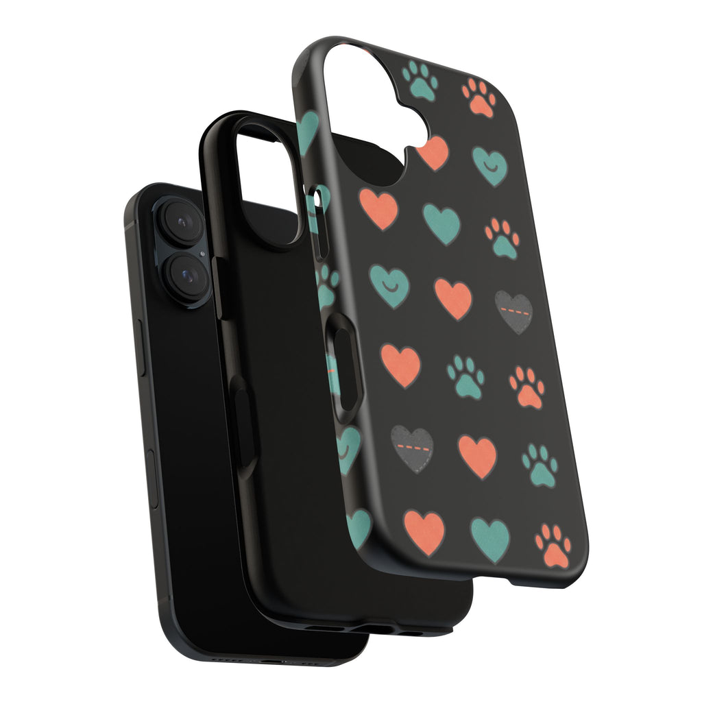 Phone Case — Cute Paw & Heart Pattern (Black Gloss)