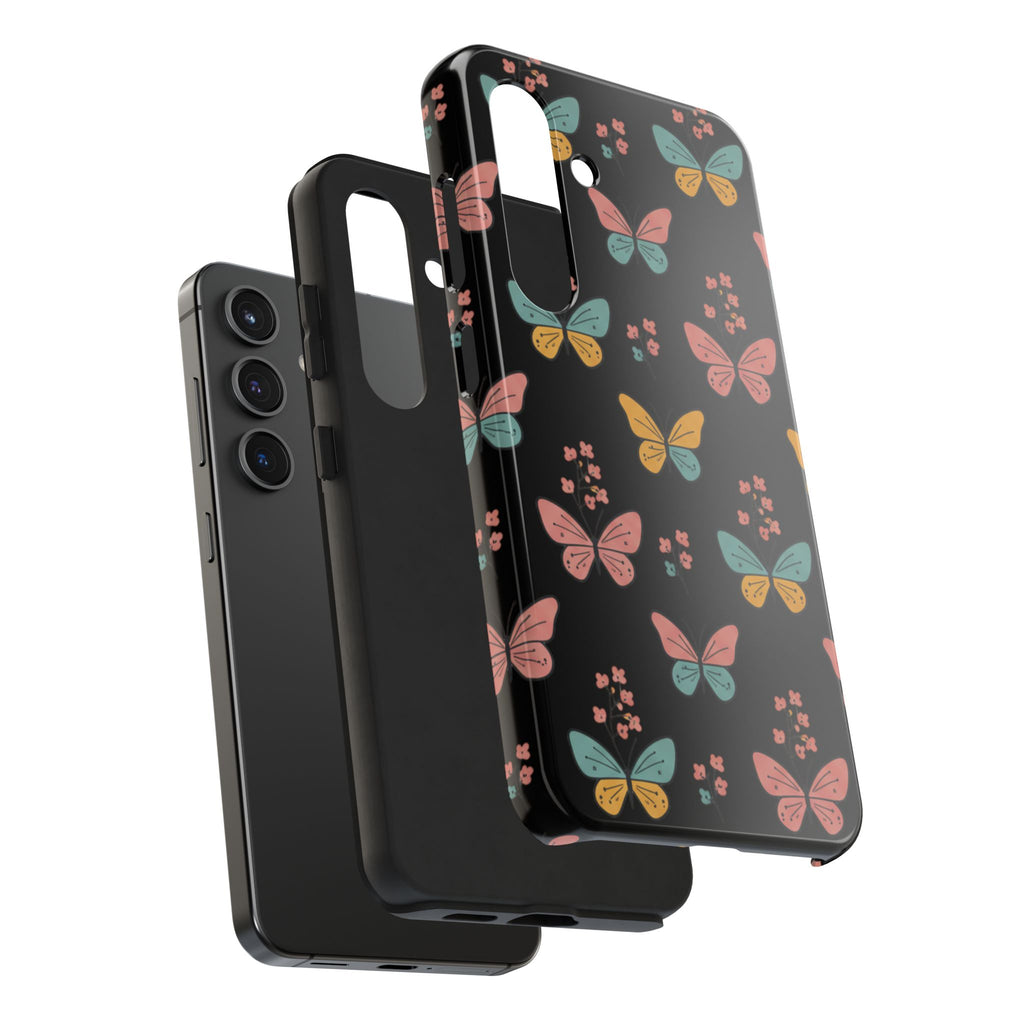 Butterfly Pattern Tough Phone Case — Pastel Butterflies on Black, Protective Floral Phone Cover