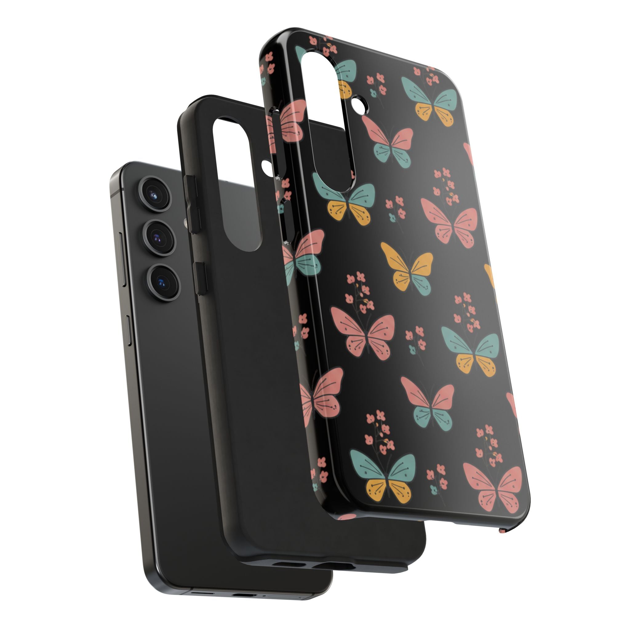 Butterfly Pattern Tough Phone Case — Pastel Butterflies on Black, Protective Floral Phone Cover