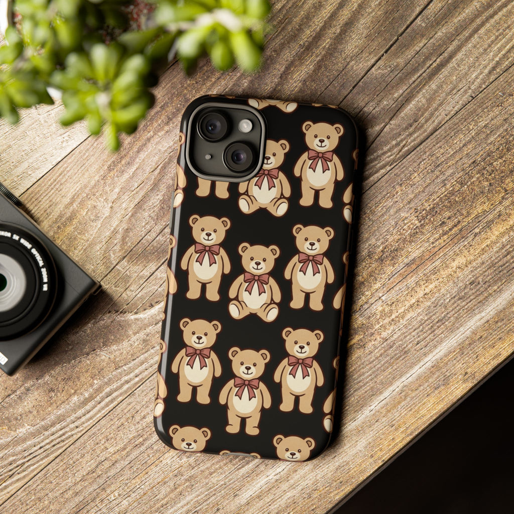 Teddy Bear Pattern Phone Case — Cute Vintage Ribbon Bears on Black